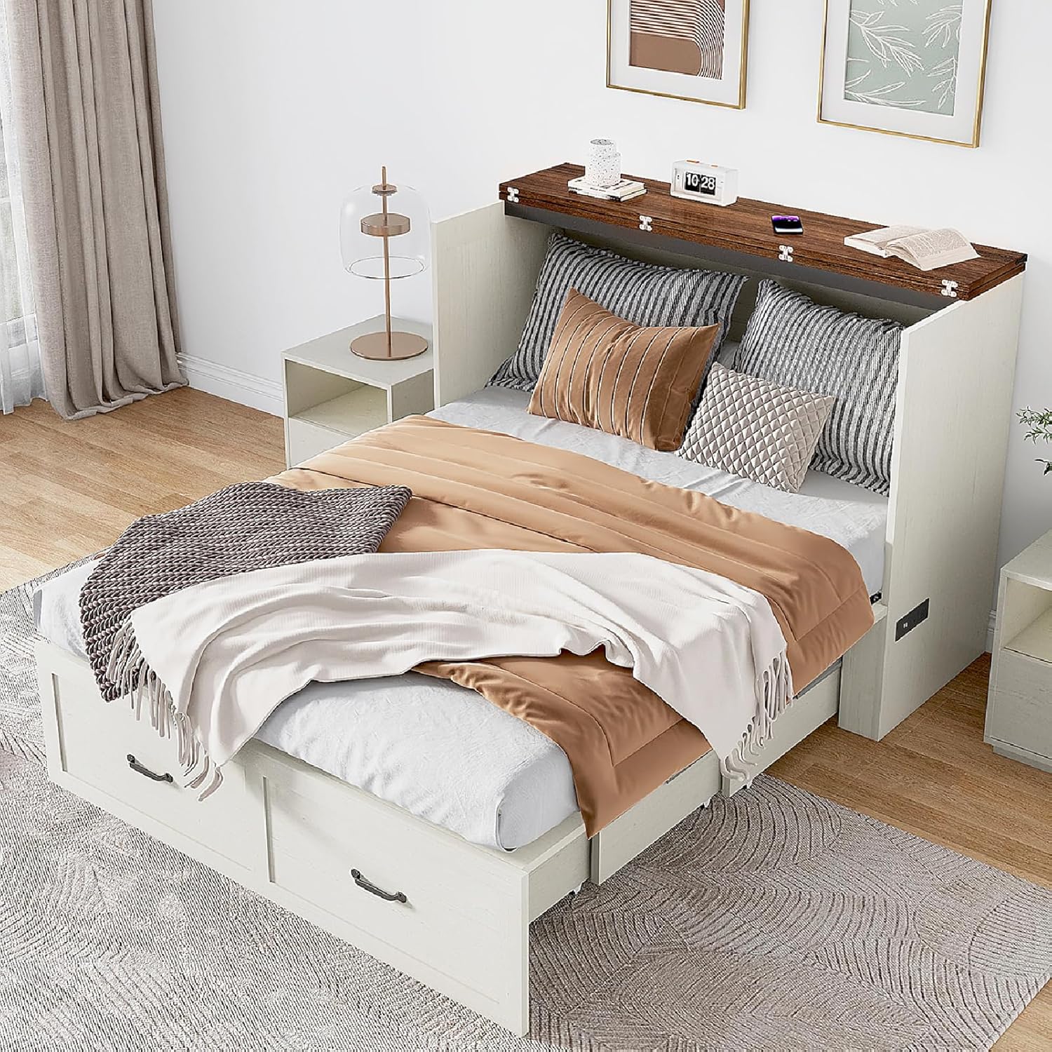 Full Size Murphy Chest Bed with Drawer and Charging Station, Farmhouse Wood Space-Saving Hidden Folding Beds Chest, Multifunctional Storage Cabinet Bed for Bedroom, Office, Rustic White