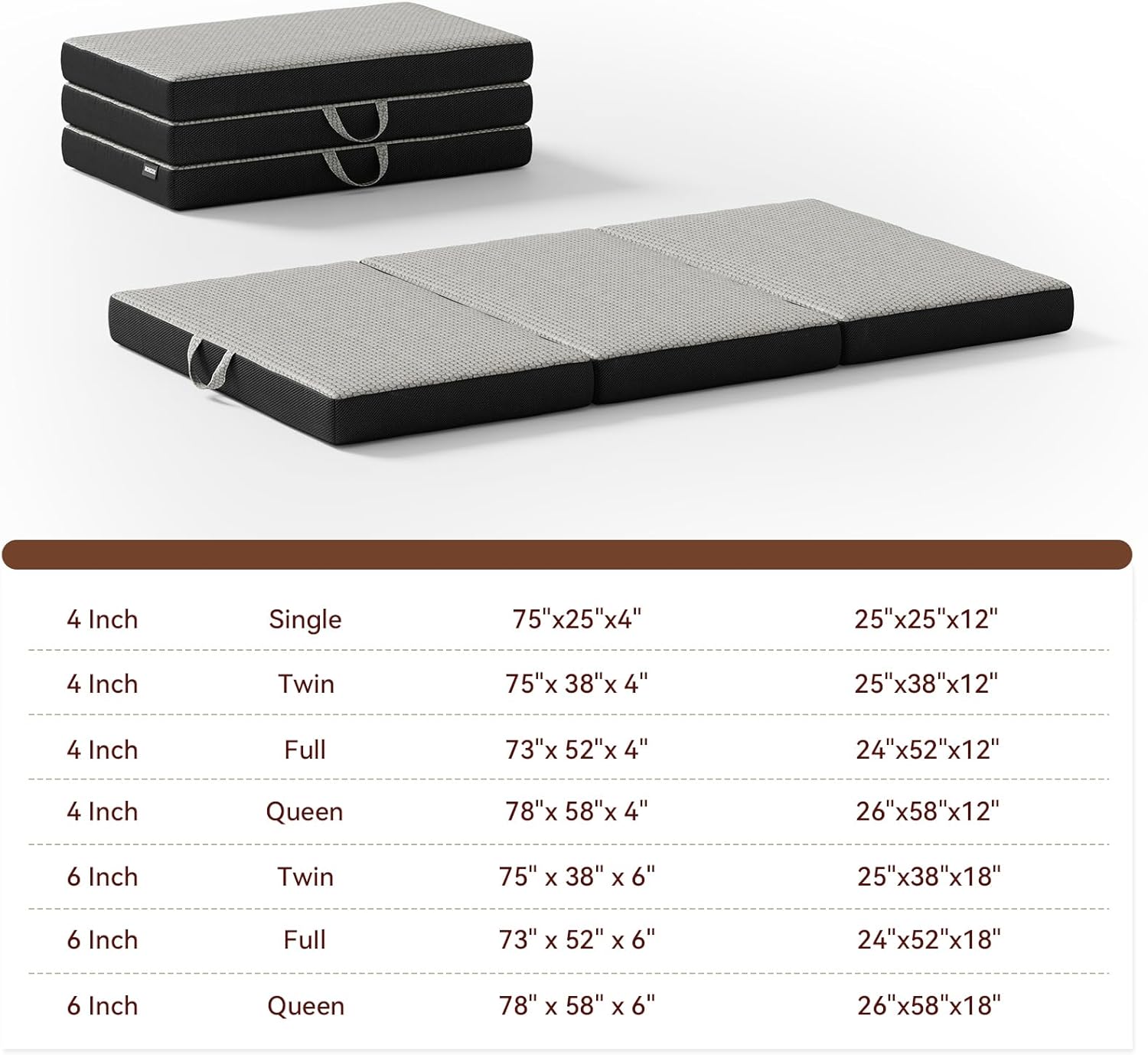 Memory Foam Trifold Mattress - Full Portable Floor Bed 6 Inch, Foldable Mat with Washable Cover, Handle  Non-Slip Bottom, for RV, Travel, Camping, Yoga, 73x52x6