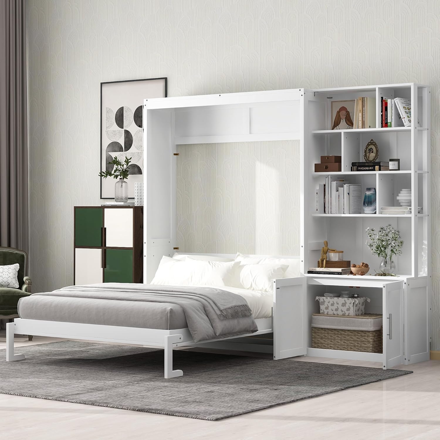 Merax Full Size Murphy Bed, White Wood Wall Bed Cabinet with Multiple Storage Shelves and a Cabinet, White Merax Full Size Murphy Bed, White Wood Wall Bed Cabinet with Multiple Storage Shelves and a Cabinet, White