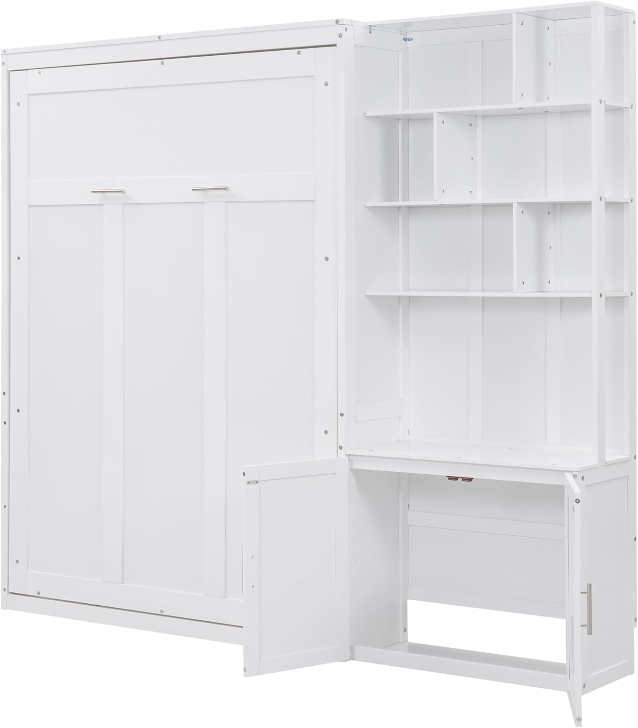 Merax Full Size Murphy Bed, White Wood Wall Bed Cabinet with Multiple Storage Shelves and a Cabinet, White Merax Full Size Murphy Bed, White Wood Wall Bed Cabinet with Multiple Storage Shelves and a Cabinet, White