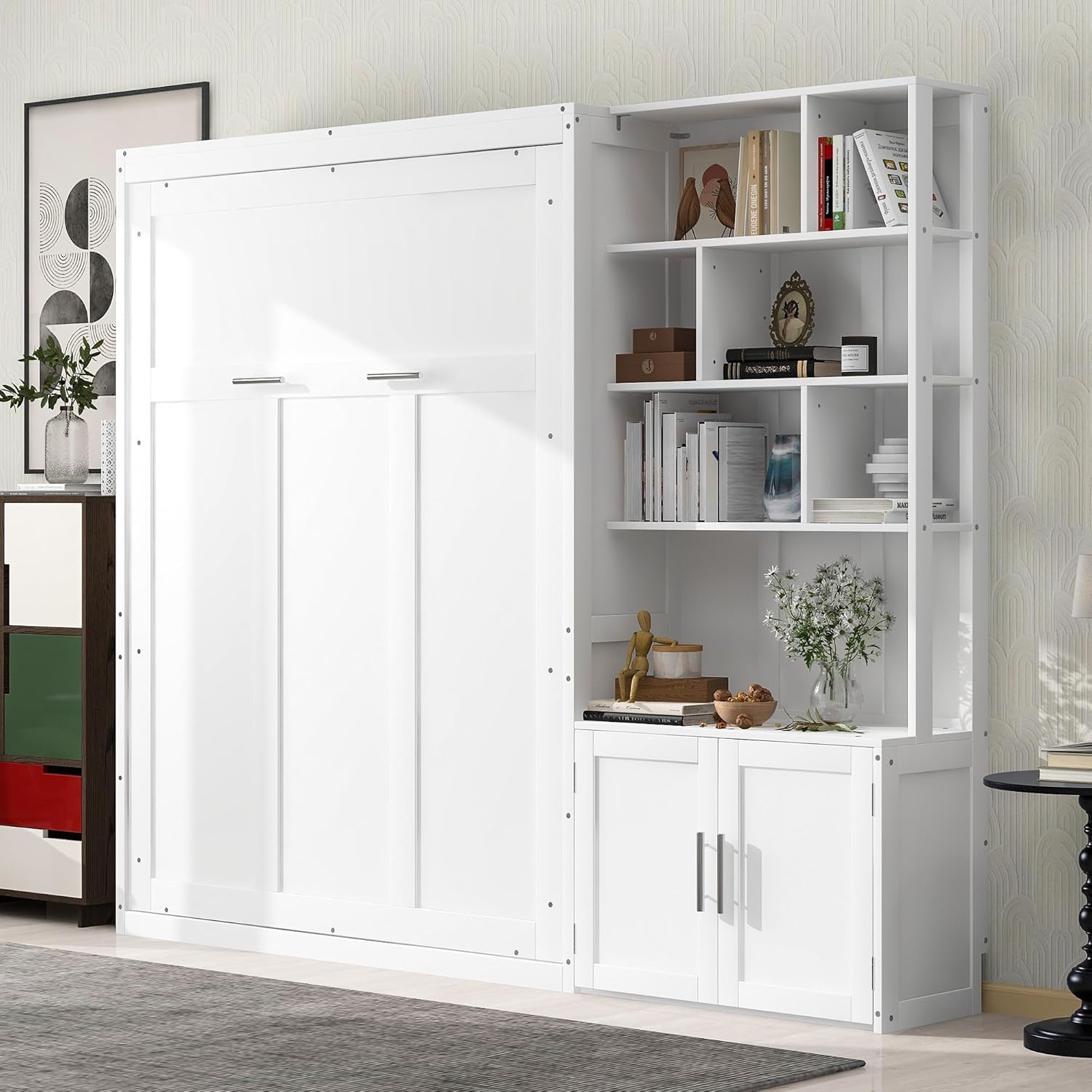Merax Full Size Murphy Bed, White Wood Wall Bed Cabinet with Multiple Storage Shelves and a Cabinet, White Merax Full Size Murphy Bed, White Wood Wall Bed Cabinet with Multiple Storage Shelves and a Cabinet, White