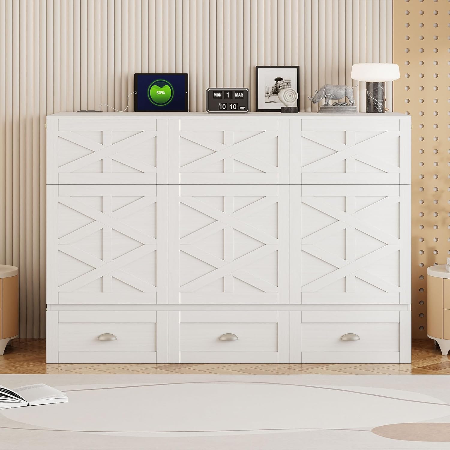 Merax Full Size Murphy Bed, Wooden Full Murphy Cabinet Bed Frame with Large Drawers and USB Ports, Brushed White