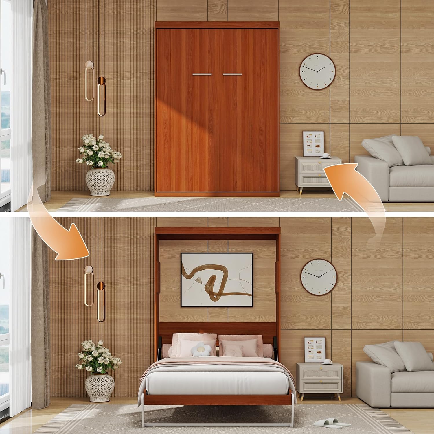 Murphy Bed Full - Space Saving, Convertible Full Murphy Bed Hidden Bed for Guest Rooms, Home Offices, Studio Apartments, Dorms - Easy Pull-Out Mechanism. (Brown)
