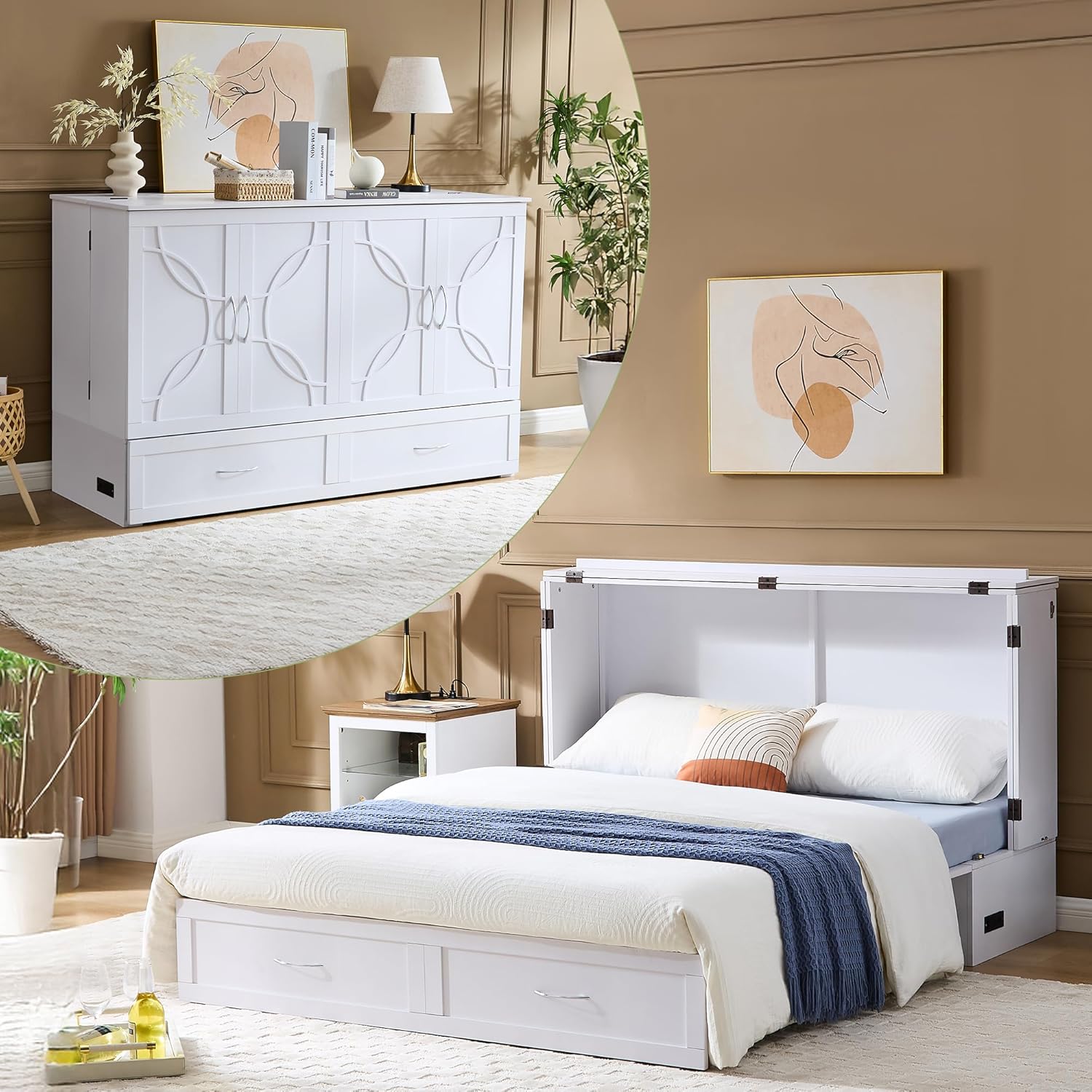 Murphy Bed with Mattress Included Queen, Murphy Cabinet Bed with Storage Drawers and Charging Station, Space-Saving Cabinet beds for Guest Room, Living Room Murphy Bed with Mattress Included Queen, Murphy Cabinet Bed with Storage Drawers and Charging Station, Space-Saving Cabinet beds for Guest Room, Living Room