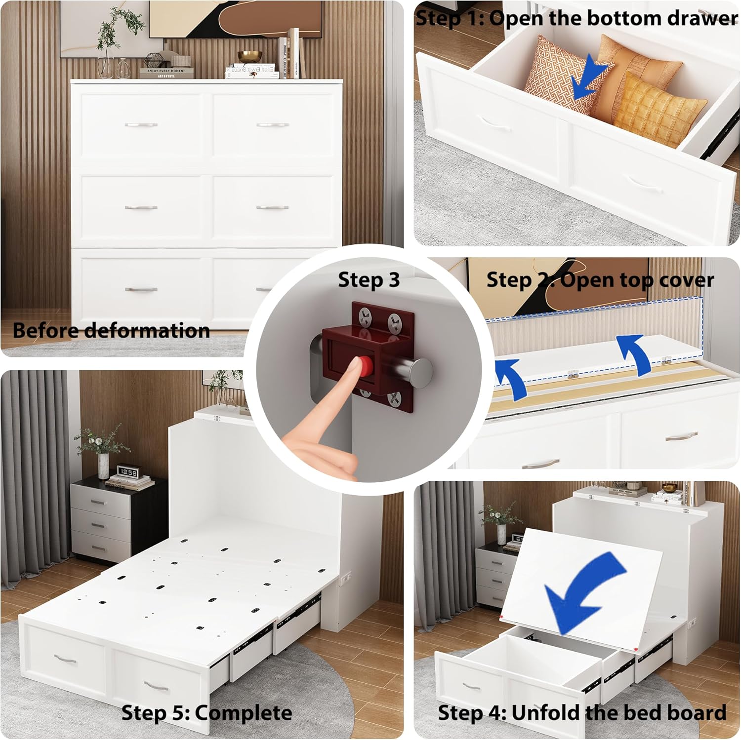 WOODTIME Twin Size Murphy Bed with Built-in Charging Station, 2-in-1 Bed Chest with Large Drawer, Space-Saving Foldable Cabinet Bed Frame for Bedroom Guest Room Office, White WOODTIME Twin Size Murphy Bed with Built-in Charging Station, 2-in-1 Bed Chest with Large Drawer, Space-Saving Foldable Cabinet Bed Frame for Bedroom Guest Room Office, White