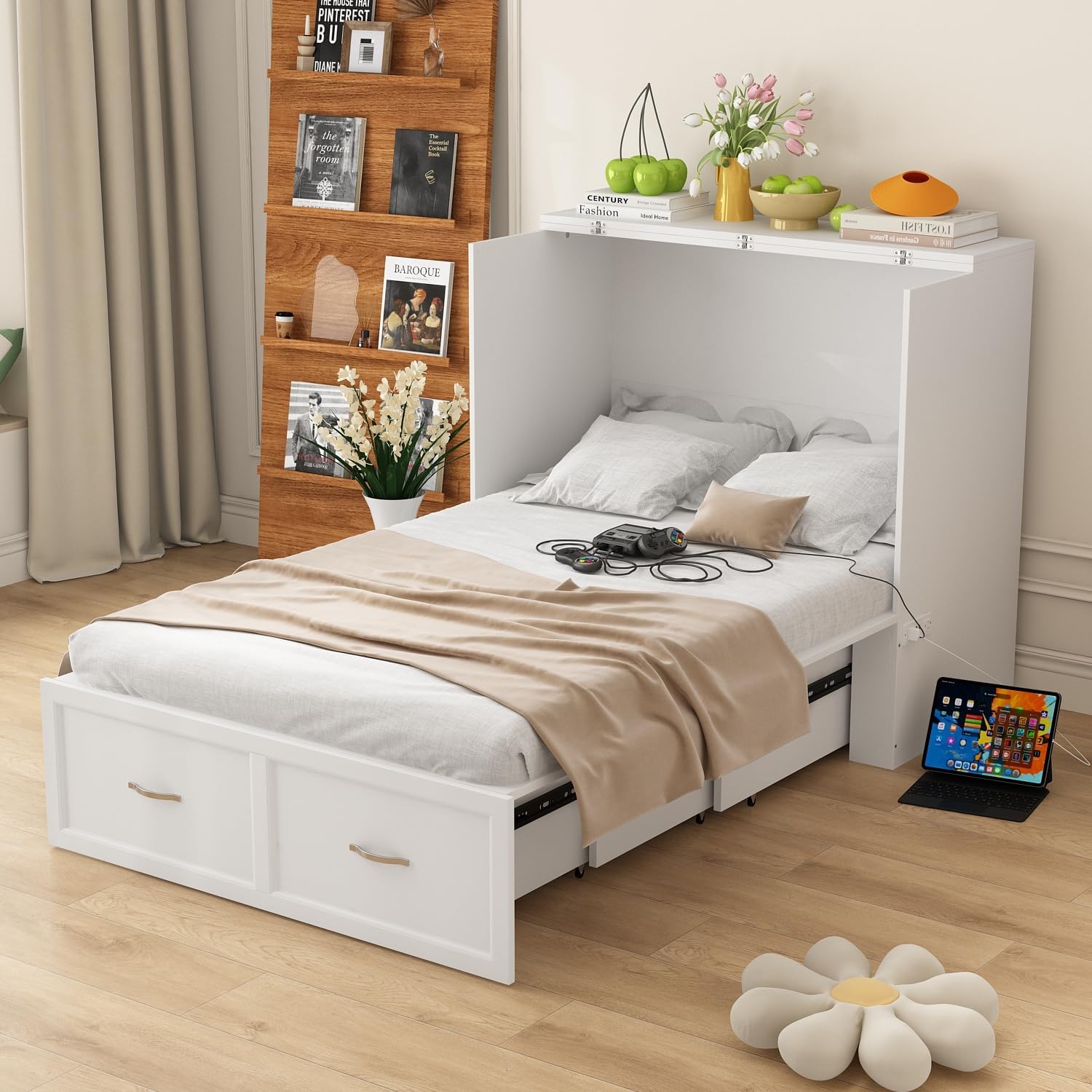 WOODTIME Twin Size Murphy Bed with Built-in Charging Station, 2-in-1 Bed Chest with Large Drawer, Space-Saving Foldable Cabinet Bed Frame for Bedroom Guest Room Office, White WOODTIME Twin Size Murphy Bed with Built-in Charging Station, 2-in-1 Bed Chest with Large Drawer, Space-Saving Foldable Cabinet Bed Frame for Bedroom Guest Room Office, White