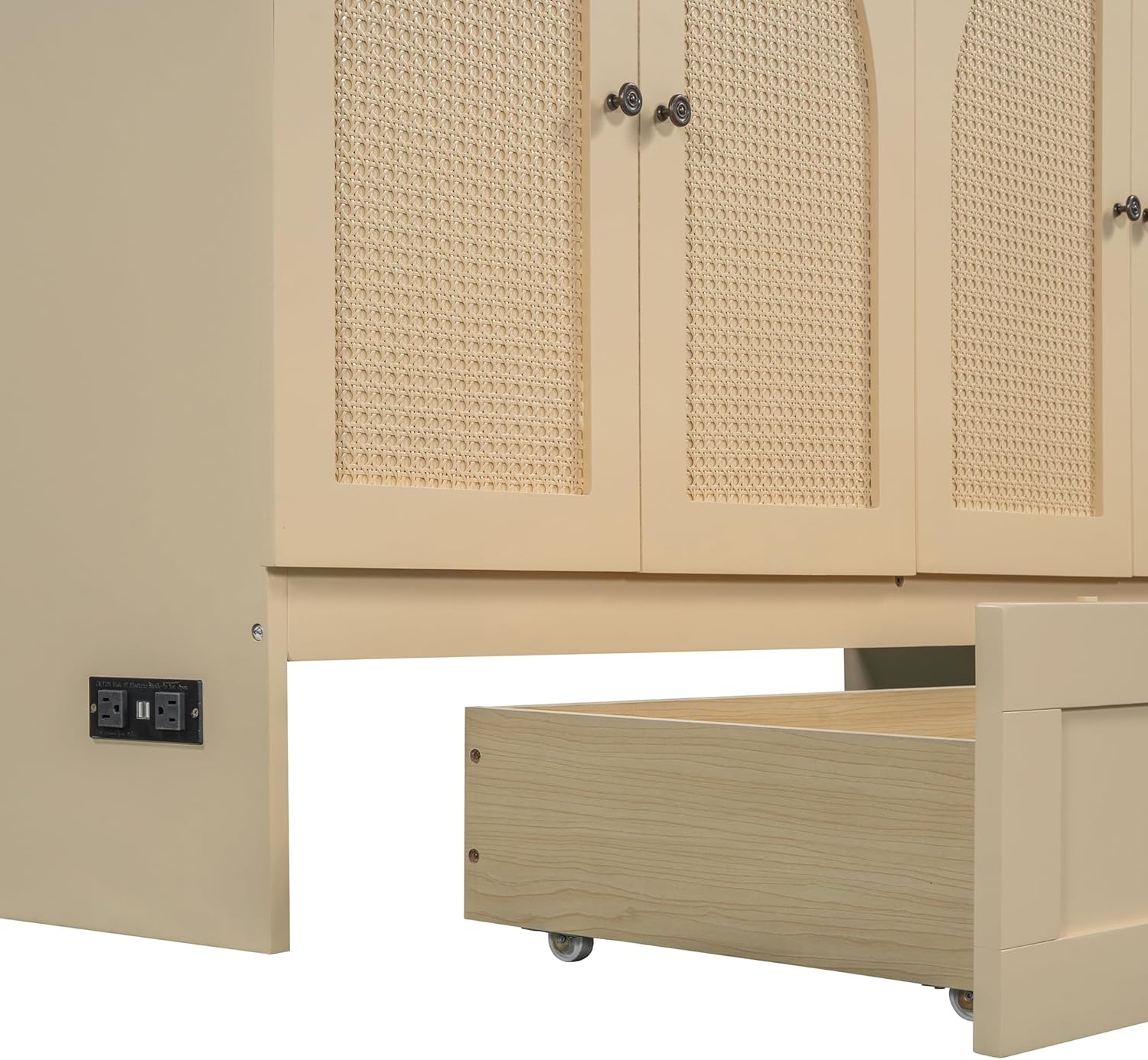 Ball  Cast Murphy Bed Queen Size Bedroom Folding Wall Cabinets Frame with Large Drawer and USB Ports,Hideaway Bed w/Tri-Fold Mattress Design,for Guest Room,Study,Office,White