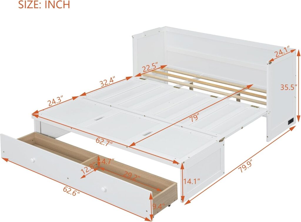 Ball  Cast Queen Size Murphy Bed Wall Chest with USB Port and a Large Drawer,Wood Hideaway Cabinet Platform Bedframe w/Bedside Storage Table,can be Folded,for Small Room,Dorms,White