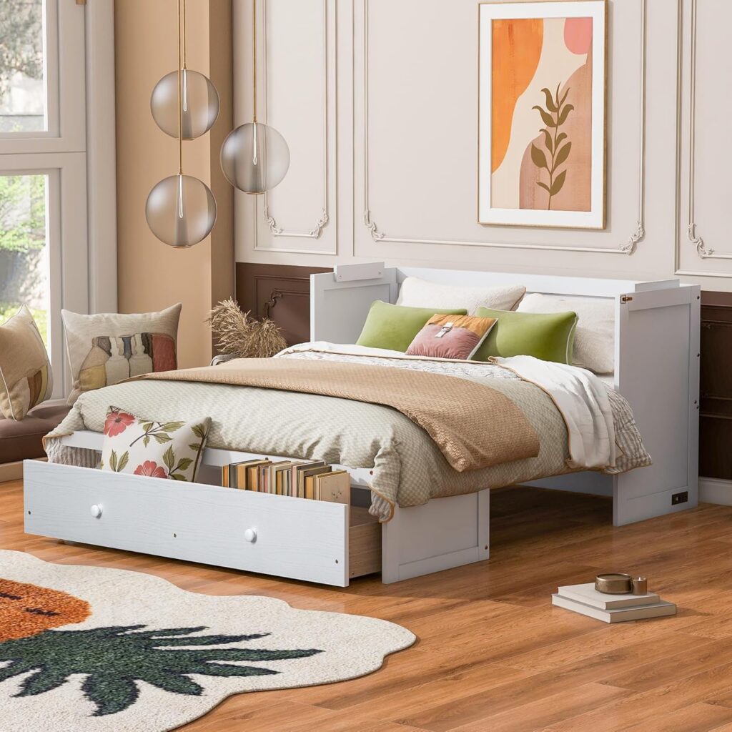 Ball  Cast Queen Size Murphy Bed Wall Chest with USB Port and a Large Drawer,Wood Hideaway Cabinet Platform Bedframe w/Bedside Storage Table,can be Folded,for Small Room,Dorms,White