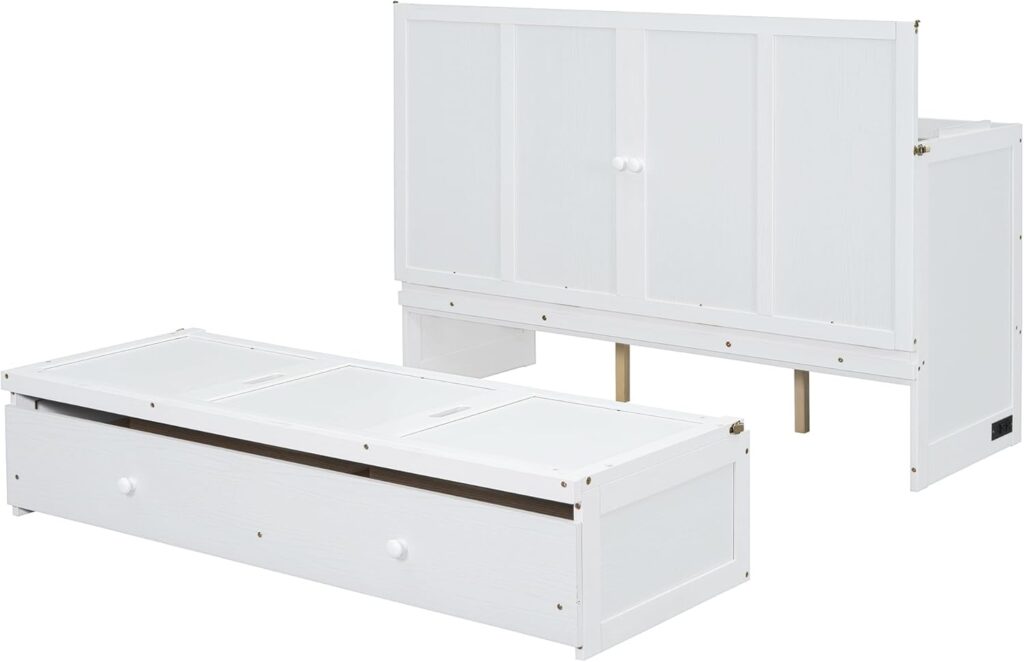 Ball  Cast Queen Size Murphy Bed Wall Chest with USB Port and a Large Drawer,Wood Hideaway Cabinet Platform Bedframe w/Bedside Storage Table,can be Folded,for Small Room,Dorms,White