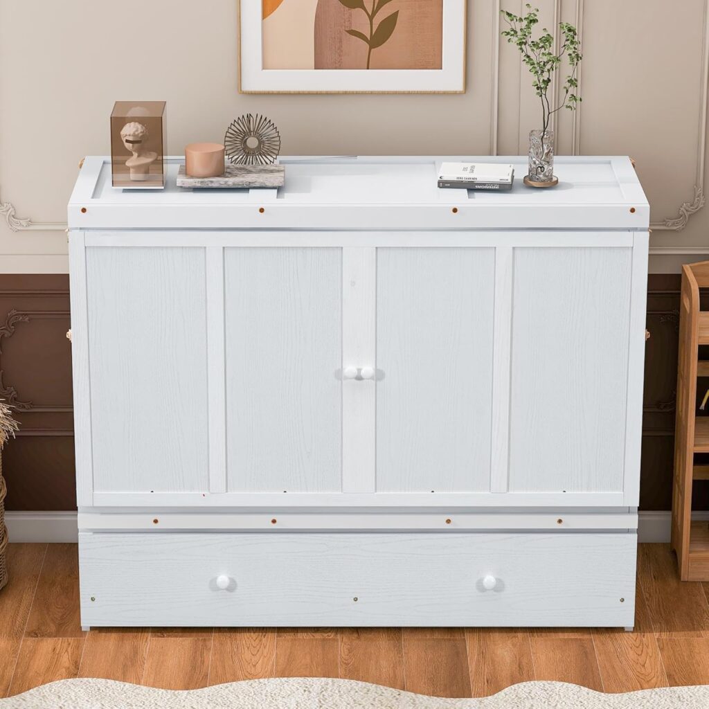 Ball  Cast Queen Size Murphy Bed Wall Chest with USB Port and a Large Drawer,Wood Hideaway Cabinet Platform Bedframe w/Bedside Storage Table,can be Folded,for Small Room,Dorms,White