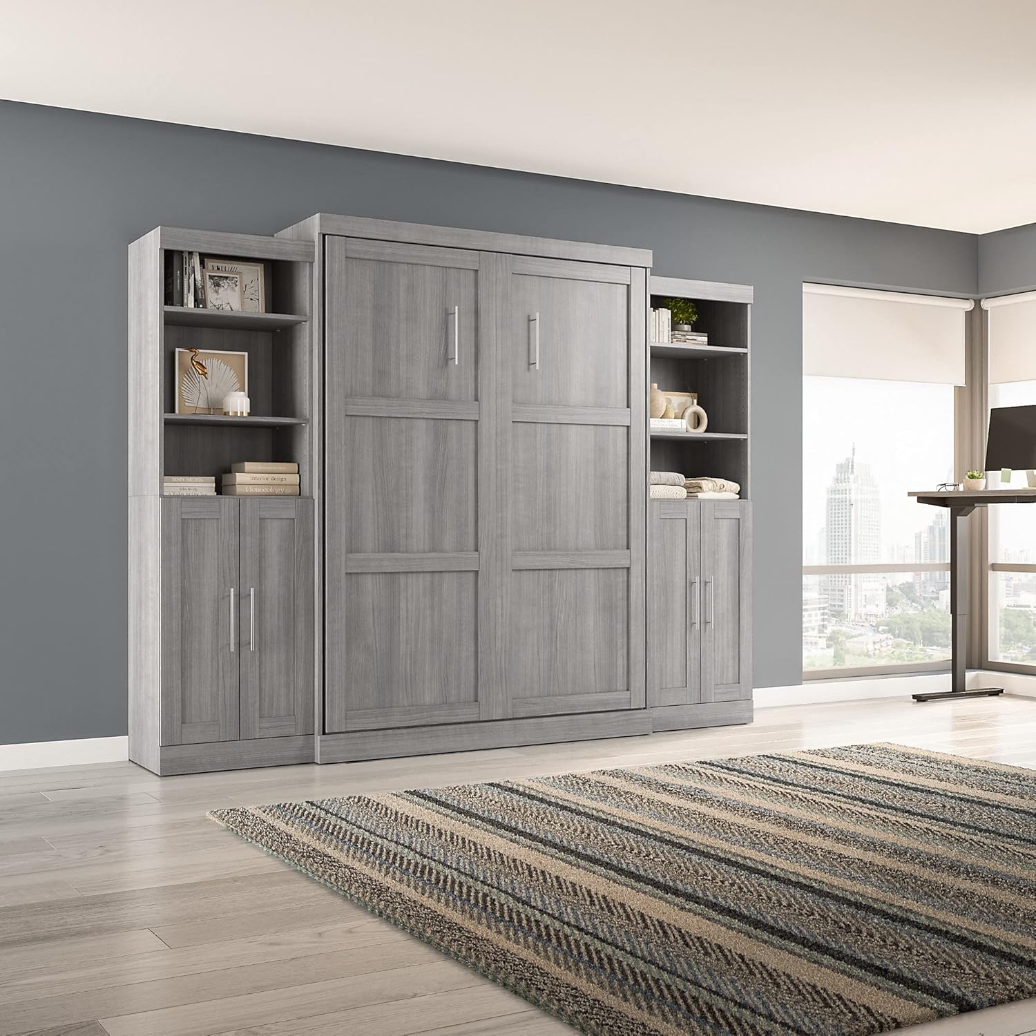 Bestar Pur Full Murphy Bed and 2 Shelving Units with Drawers, 109-inch Space-Saving Sleeping Arrangement in White Bestar Pur Full Murphy Bed and 2 Shelving Units with Drawers, 109-inch Space-Saving Sleeping Arrangement in White