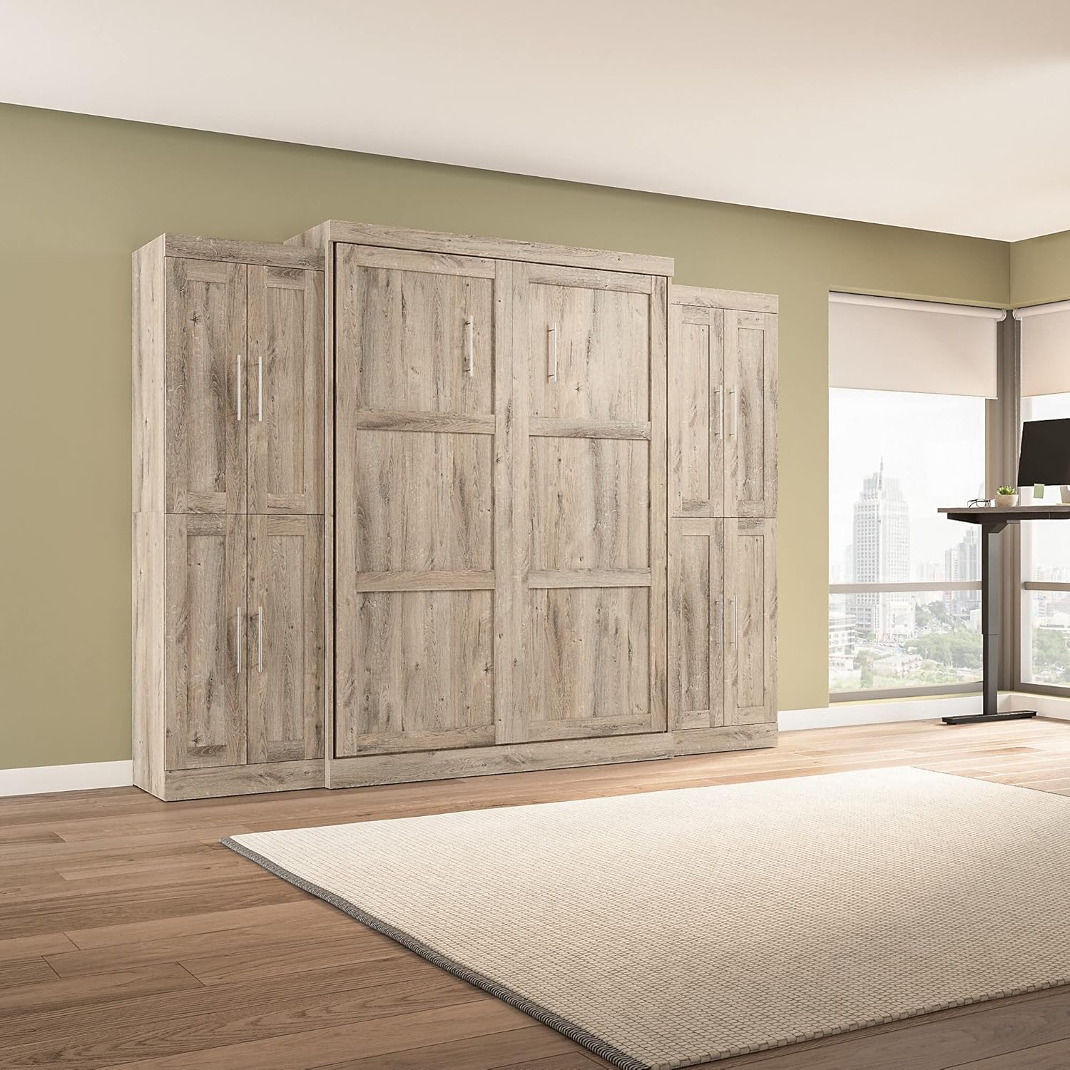 Bestar Pur Full Murphy Bed and 2 Shelving Units with Drawers, 109-inch Space-Saving Sleeping Arrangement in White Bestar Pur Full Murphy Bed and 2 Shelving Units with Drawers, 109-inch Space-Saving Sleeping Arrangement in White