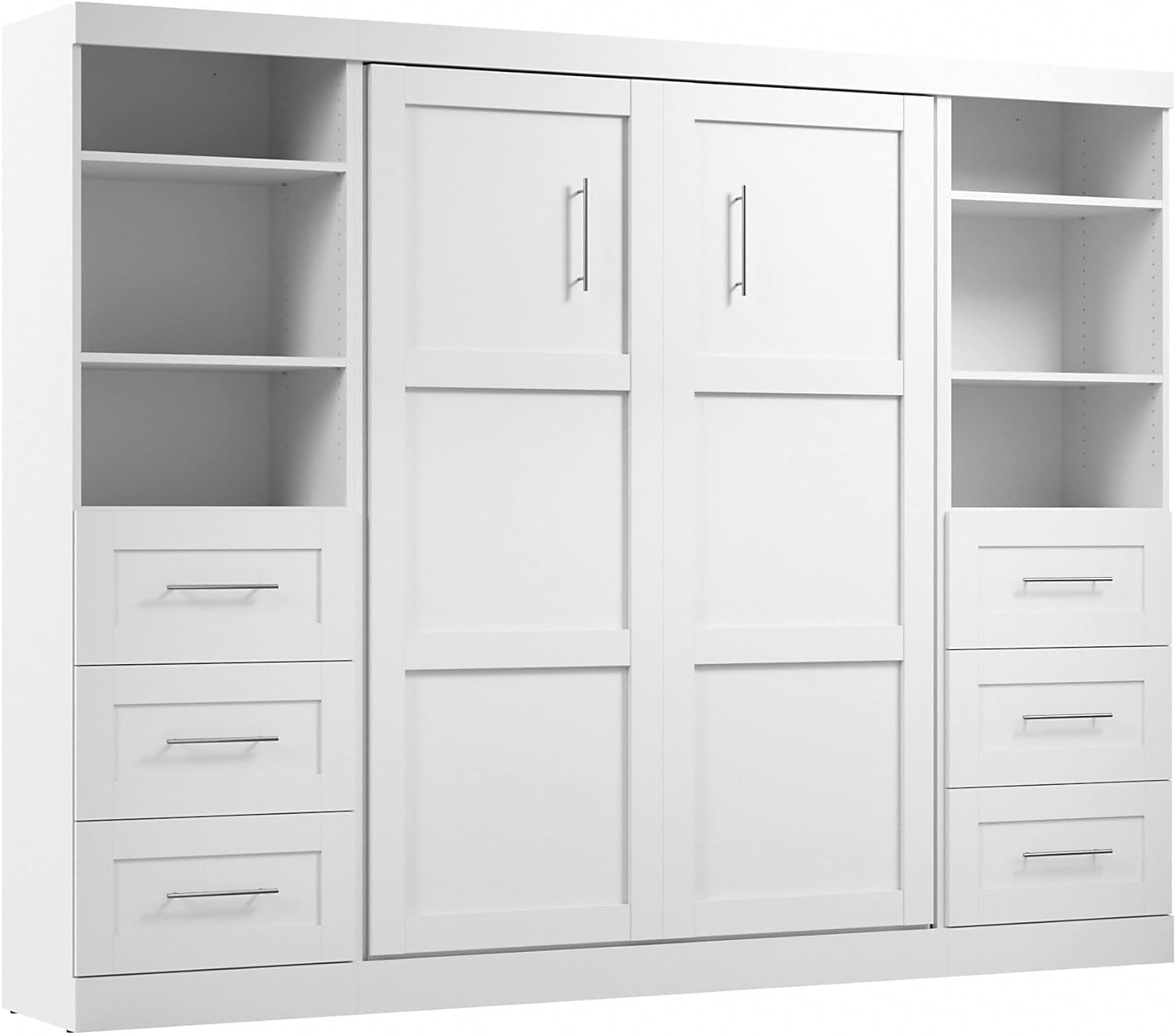 Bestar Pur Full Murphy Bed and 2 Shelving Units with Drawers, 109-inch Space-Saving Sleeping Arrangement in White Bestar Pur Full Murphy Bed and 2 Shelving Units with Drawers, 109-inch Space-Saving Sleeping Arrangement in White