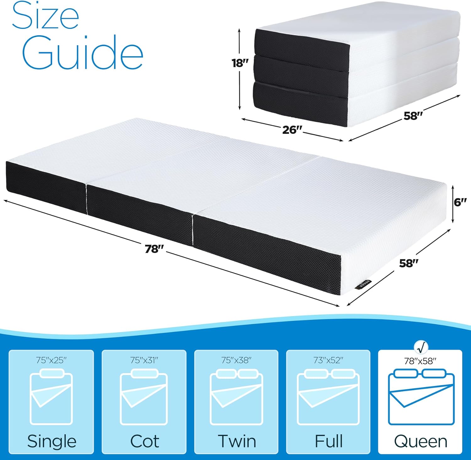 Folding Mattress Queen Size,6 inch Tri-fold Memory Foam Mattress Topper with Washable Cover, Non-Slip Bottom Guest Bed Queen Size, 78 x 58 x 6 Folding Mattress Queen Size,6 inch Tri-fold Memory Foam Mattress Topper with Washable Cover, Non-Slip Bottom Guest Bed Queen Size, 78 x 58 x 6