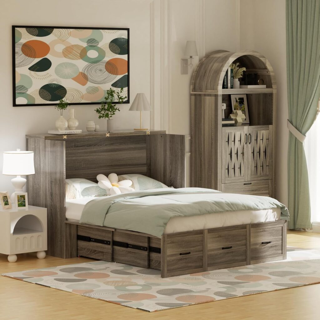 Full Size Murphy Bed Wood Wall Bed Cabinet with Large Drawer Space-Saving Hidden Foldable Platform Bed Chest Mobile Cabinet Bed Frame Storage Cabinet with USB Ports for Bedroom, Guest Room,Grey