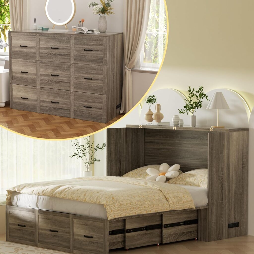 Full Size Murphy Bed Wood Wall Bed Cabinet with Large Drawer Space-Saving Hidden Foldable Platform Bed Chest Mobile Cabinet Bed Frame Storage Cabinet with USB Ports for Bedroom, Guest Room,Grey