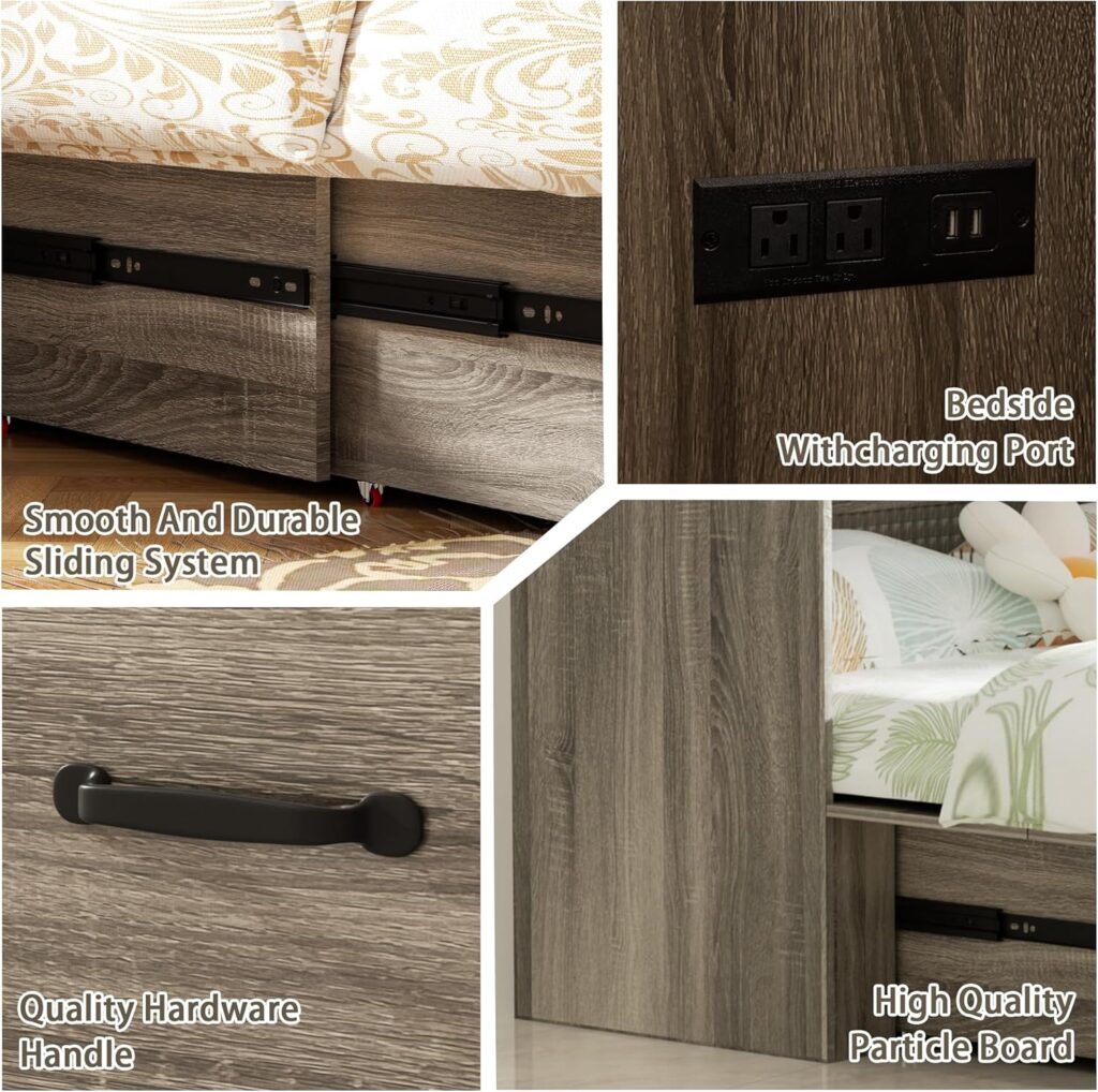 Full Size Murphy Bed Wood Wall Bed Cabinet with Large Drawer Space-Saving Hidden Foldable Platform Bed Chest Mobile Cabinet Bed Frame Storage Cabinet with USB Ports for Bedroom, Guest Room,Grey