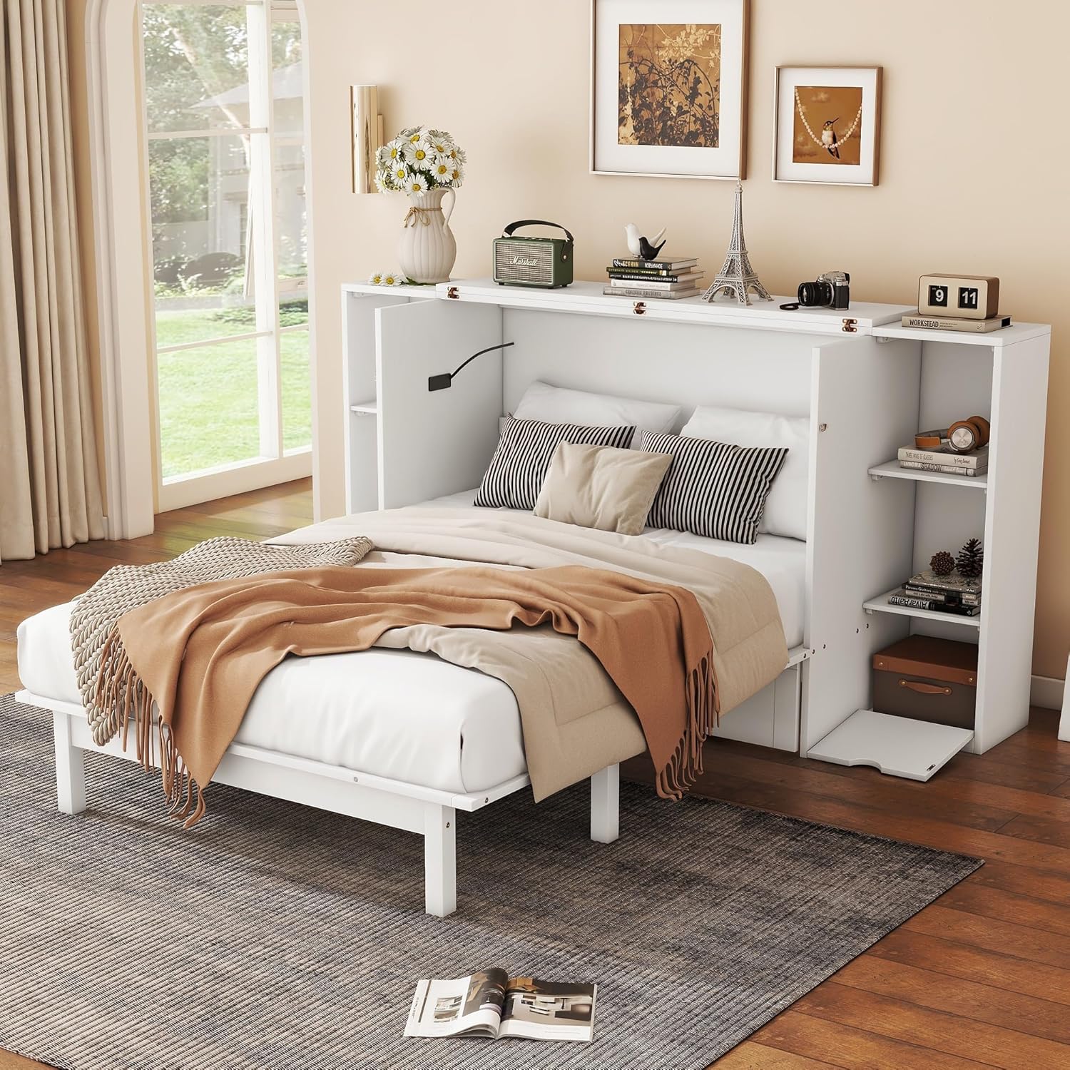 Full Size Murphy Bed,Cabinet Hideaway Bed with Shelves and Drawers,can be Folded w/USB Ports,Easy Assembly,Platform Bedframe for Kids Bedroom,Student Dorms,White