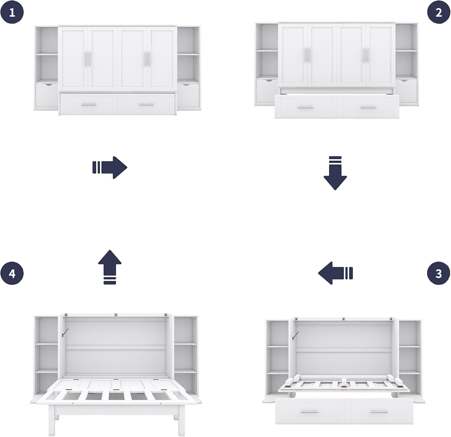 Full Size Murphy Bed,Cabinet Hideaway Bed with Shelves and Drawers,can be Folded w/USB Ports,Easy Assembly,Platform Bedframe for Kids Bedroom,Student Dorms,White