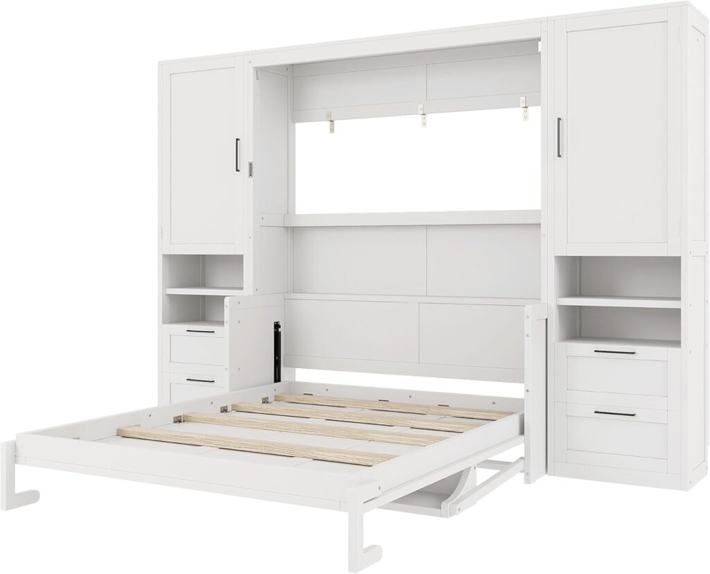 Merax Queen Size Murphy Bed with Desk, Multifunctional Foldable Wall Bed with Closet, Drawers and Shelves, Space-Saving Wood Platform Bed Frame for Small Spaces Studio Study Office Guest Room, White