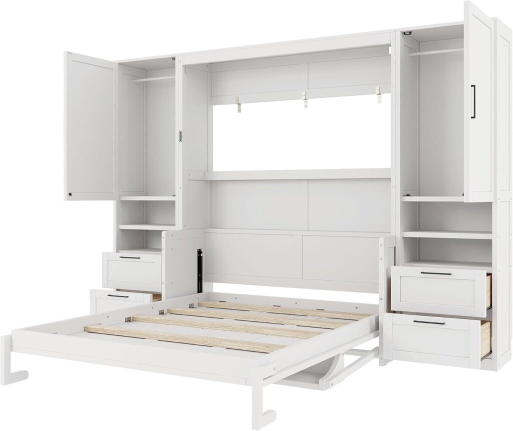 Merax Queen Size Murphy Bed with Desk, Multifunctional Foldable Wall Bed with Closet, Drawers and Shelves, Space-Saving Wood Platform Bed Frame for Small Spaces Studio Study Office Guest Room, White