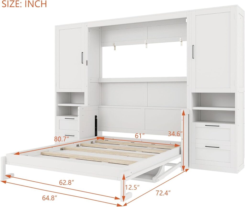 Merax Queen Size Murphy Bed with Desk, Multifunctional Foldable Wall Bed with Closet, Drawers and Shelves, Space-Saving Wood Platform Bed Frame for Small Spaces Studio Study Office Guest Room, White