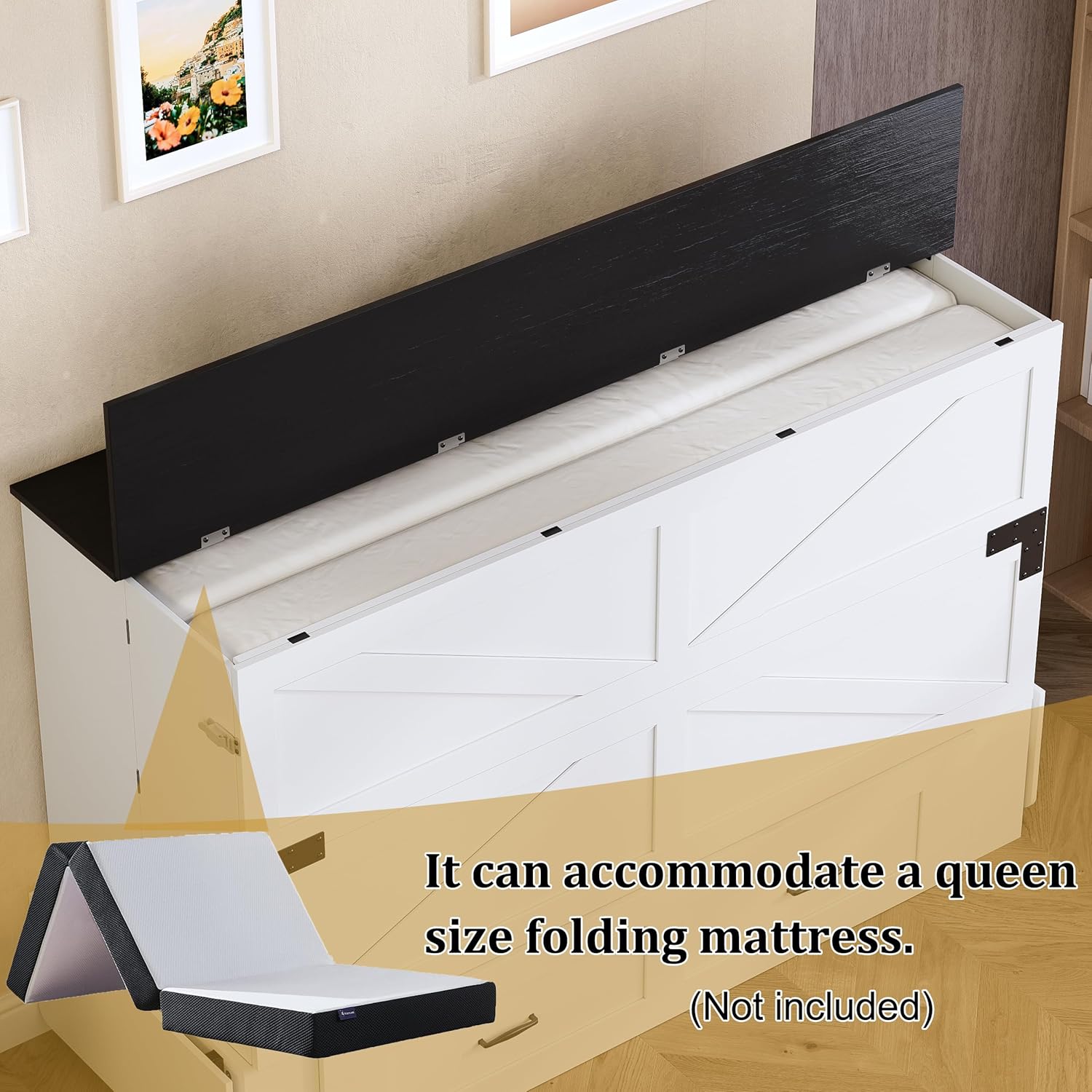 PAKASEPT Queen Murphy Bed - Murphy Cabinet Bed with Storage Charging Station, Farmhouse Bed Frame with Foldable Panel and Hidden Space, for Living Room, Guest Bedroom PAKASEPT Queen Murphy Bed - Murphy Cabinet Bed with Storage Charging Station, Farmhouse Bed Frame with Foldable Panel and Hidden Space, for Living Room, Guest Bedroom