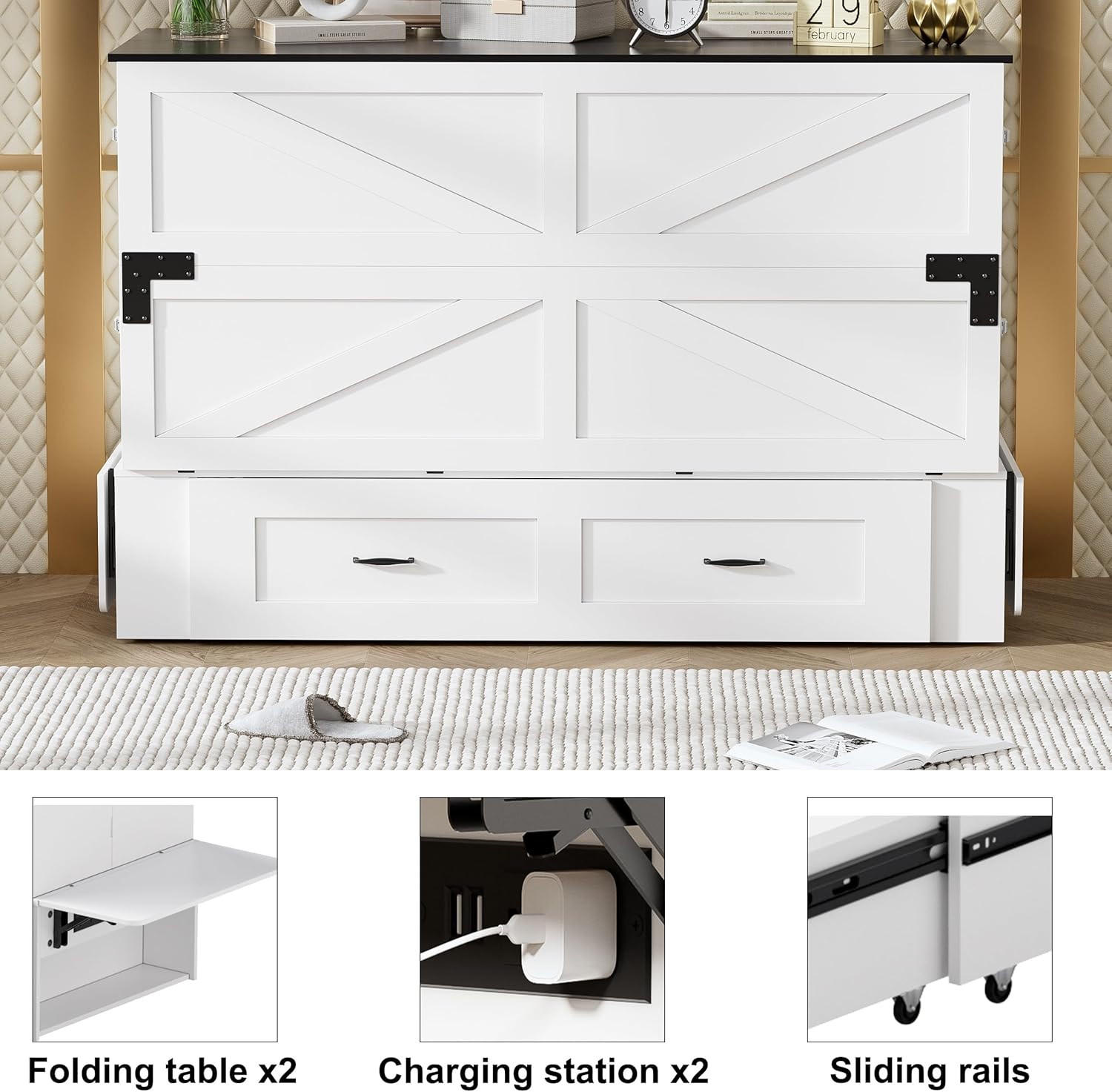 PAKASEPT Queen Murphy Bed - Murphy Cabinet Bed with Storage Charging Station, Farmhouse Bed Frame with Foldable Panel and Hidden Space, for Living Room, Guest Bedroom PAKASEPT Queen Murphy Bed - Murphy Cabinet Bed with Storage Charging Station, Farmhouse Bed Frame with Foldable Panel and Hidden Space, for Living Room, Guest Bedroom