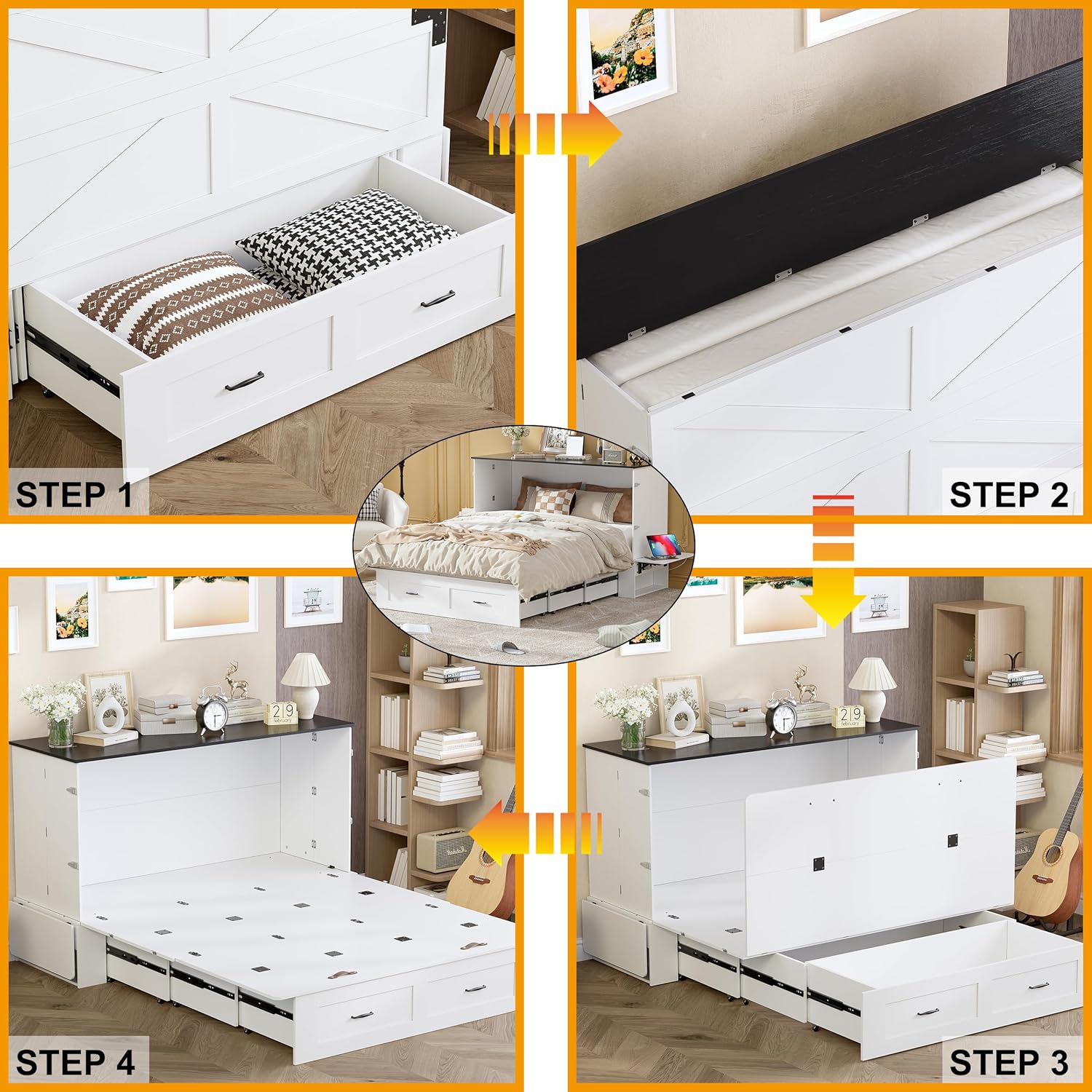 PAKASEPT Queen Murphy Bed - Murphy Cabinet Bed with Storage Charging Station, Farmhouse Bed Frame with Foldable Panel and Hidden Space, for Living Room, Guest Bedroom PAKASEPT Queen Murphy Bed - Murphy Cabinet Bed with Storage Charging Station, Farmhouse Bed Frame with Foldable Panel and Hidden Space, for Living Room, Guest Bedroom