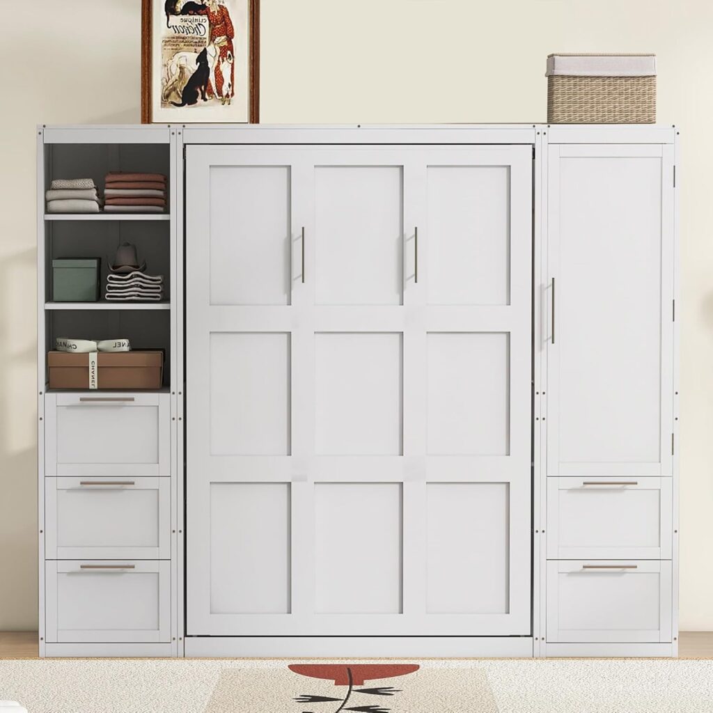 Harper Bright Designs Queen Size Murphy Bed with Closet, Wall Bed with Drawers and Shelves, White Harper Bright Designs Queen Size Murphy Bed with Closet, Wall Bed with Drawers and Shelves, White