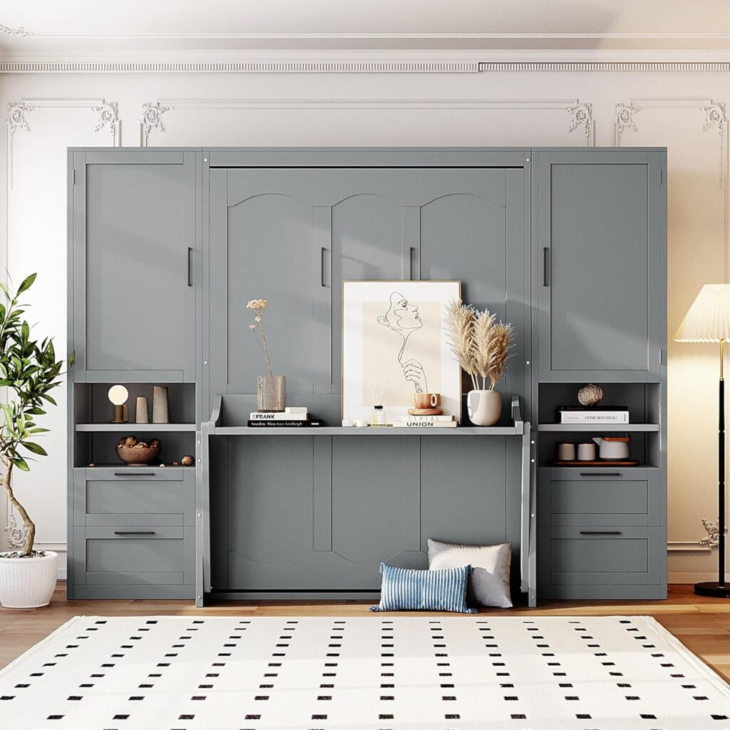 Harper Bright Designs Queen Size Murphy Bed with Closet, Wall Bed with Drawers and Shelves, White Harper Bright Designs Queen Size Murphy Bed with Closet, Wall Bed with Drawers and Shelves, White