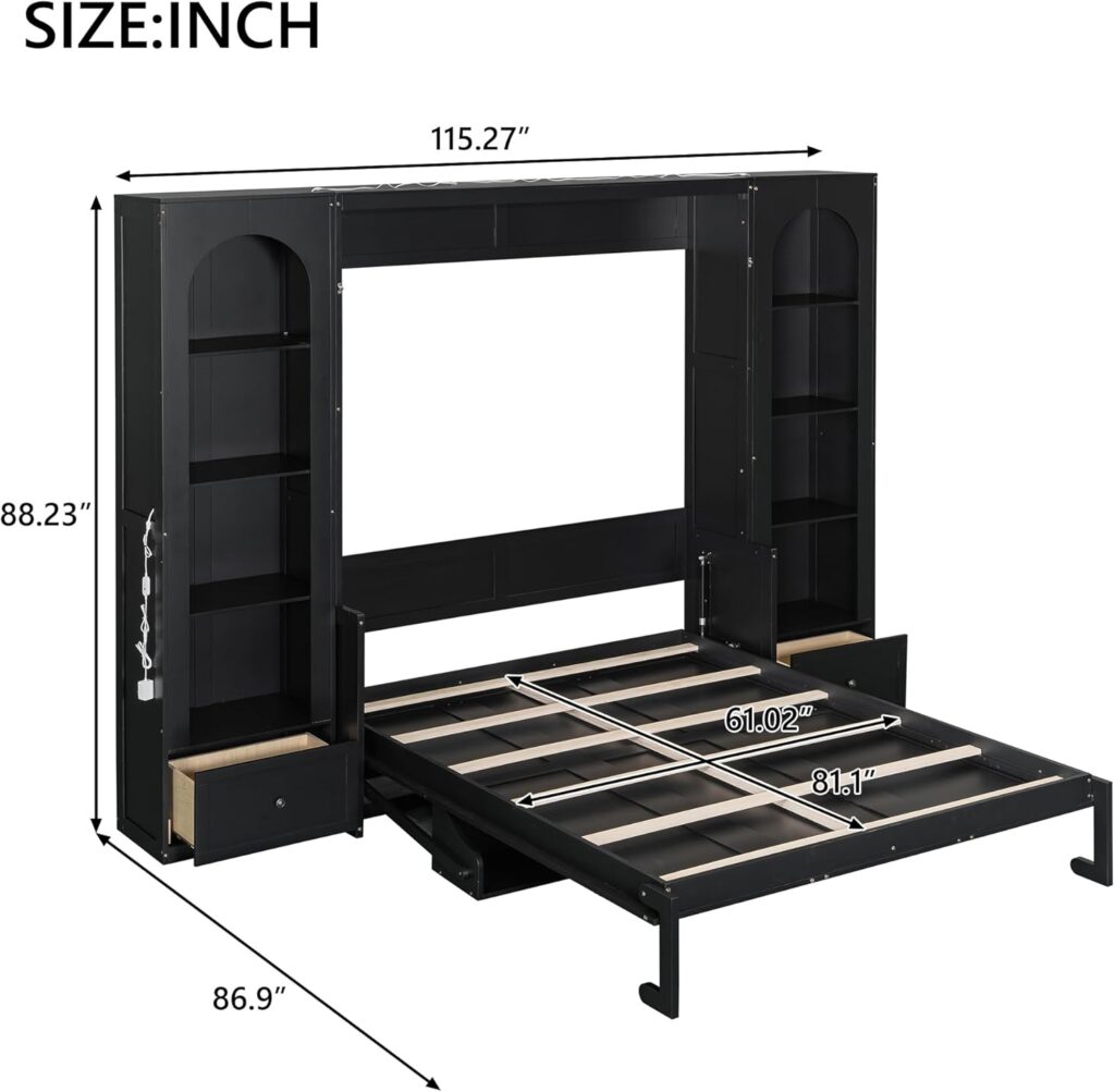 LUMISOL Queen Size Murphy Bed, Murphy Bed Cabinet with Storage Shelves, Cabinets, Drawers and LED Lights, Folding Wall Bed Frame for Guestroom, Apartment, Small Space, Black