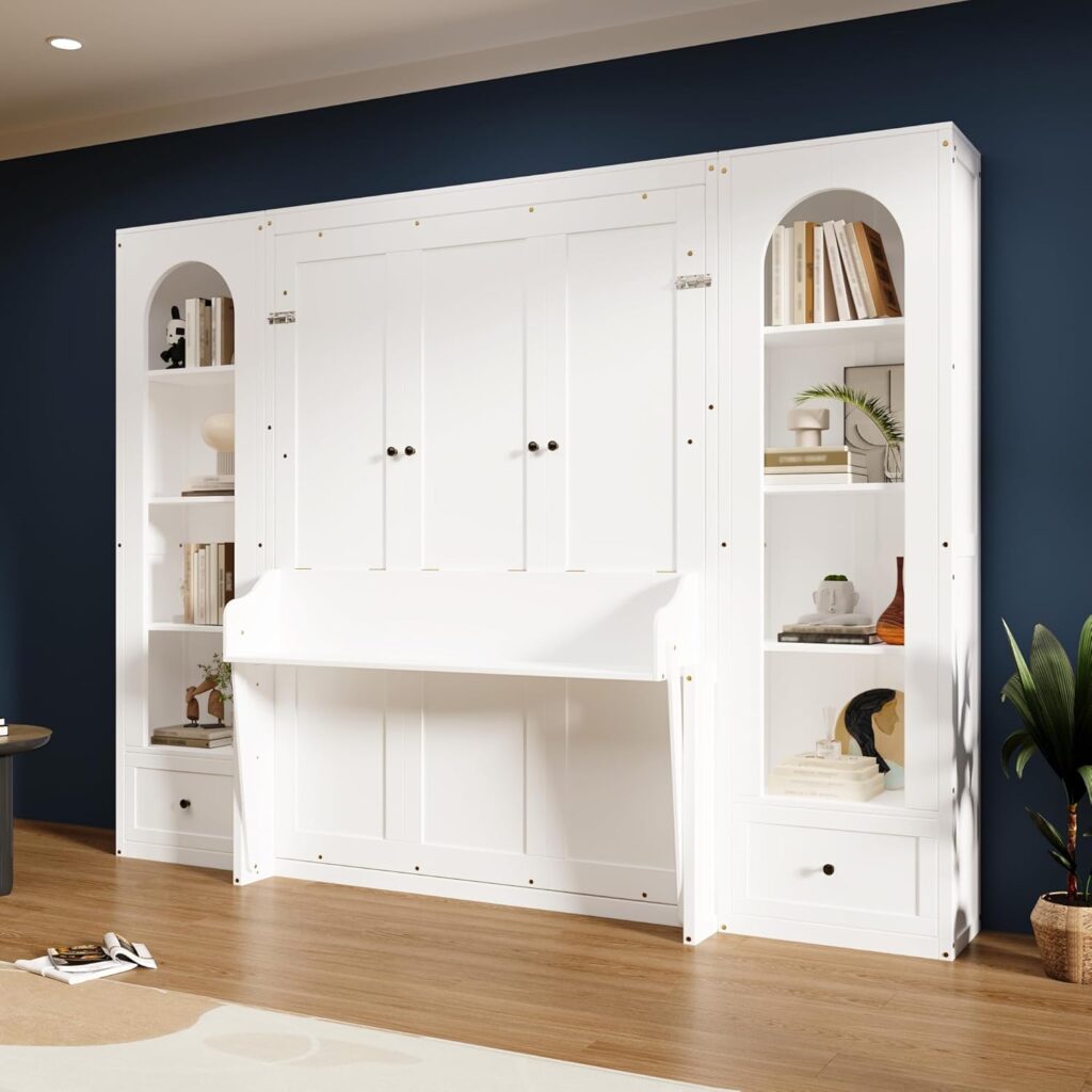 Merax Queen Size Murphy Platform Bed with Shelf, Side Cabinets, Drawers and LED, White Merax Queen Size Murphy Platform Bed with Shelf, Side Cabinets, Drawers and LED, White