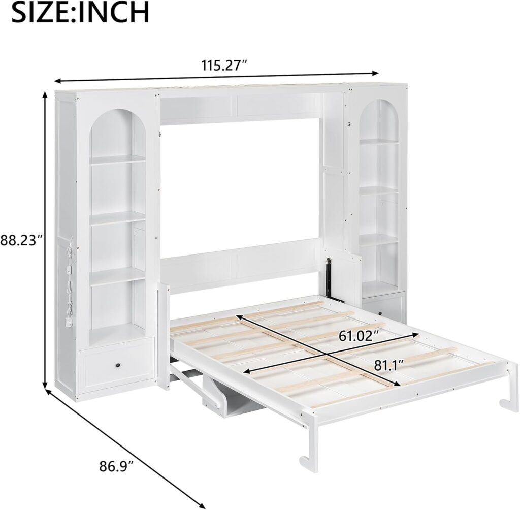 Merax Queen Size Murphy Platform Bed with Shelf, Side Cabinets, Drawers and LED, White Merax Queen Size Murphy Platform Bed with Shelf, Side Cabinets, Drawers and LED, White