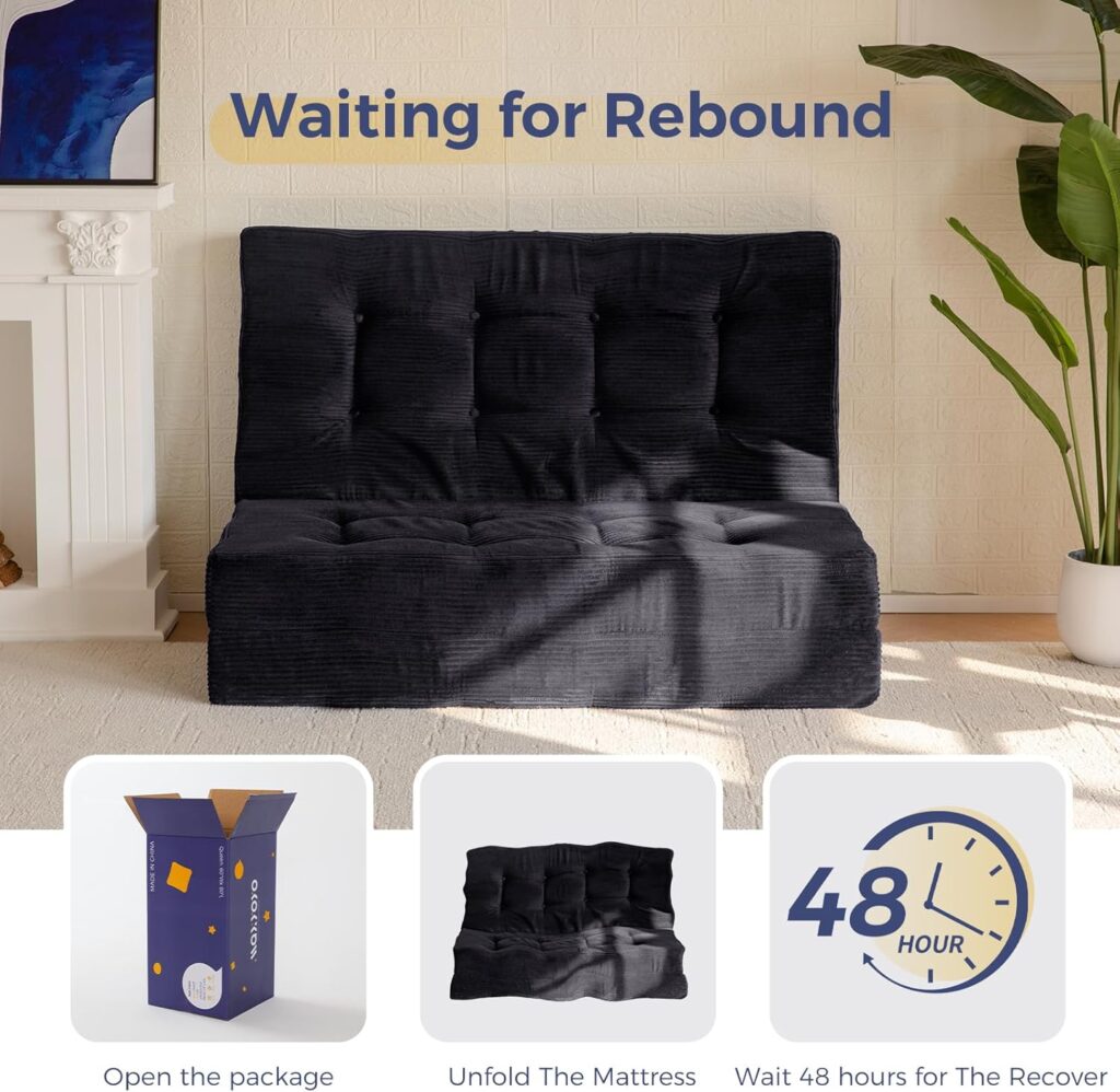 MAXYOYO Tri-Fold Mattress, 6 Inch Tufted Folding Mattress Full Foam Bed, Foldable Floor Couch Guest Bed Topper Portable Camping Sleeper with Corded Fabric, Black, 53x75