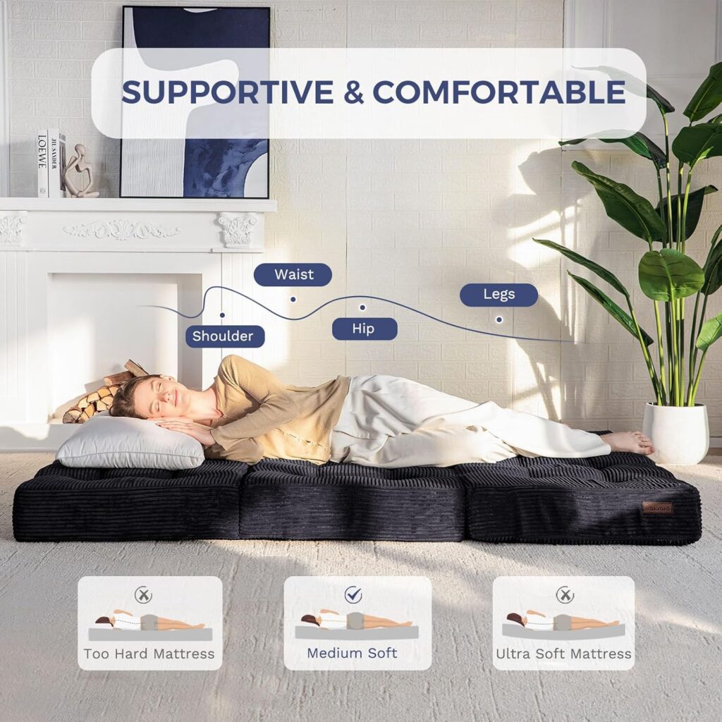 MAXYOYO Tri-Fold Mattress, 6 Inch Tufted Folding Mattress Full Foam Bed, Foldable Floor Couch Guest Bed Topper Portable Camping Sleeper with Corded Fabric, Black, 53x75