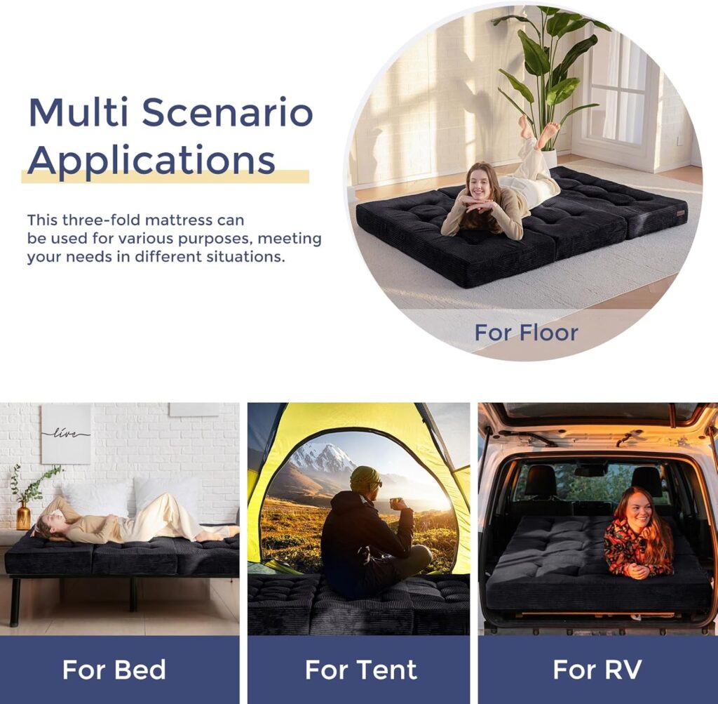 MAXYOYO Tri-Fold Mattress, 6 Inch Tufted Folding Mattress Full Foam Bed, Foldable Floor Couch Guest Bed Topper Portable Camping Sleeper with Corded Fabric, Black, 53x75