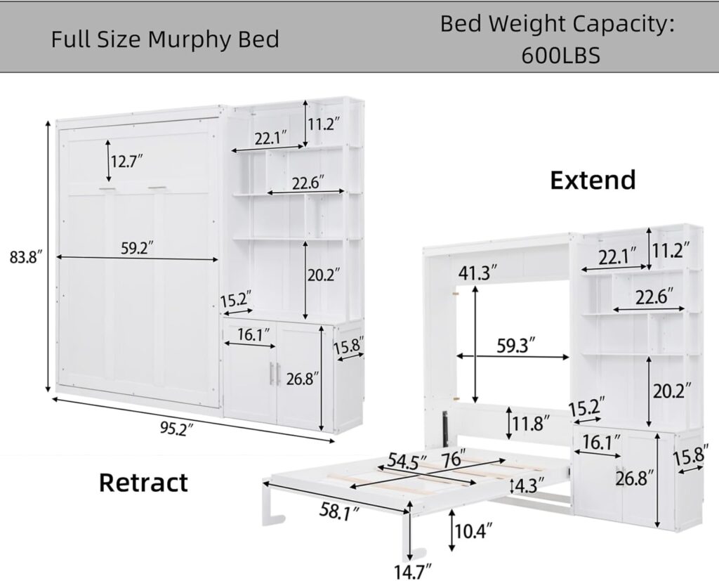 Merax Full Size Murphy Bed Cabinet with Multiple Storage Shelves, Solid Wood Foldable Hidden Platform Bedframe for Home, Bedroom, Office, Small Room, Apartment
