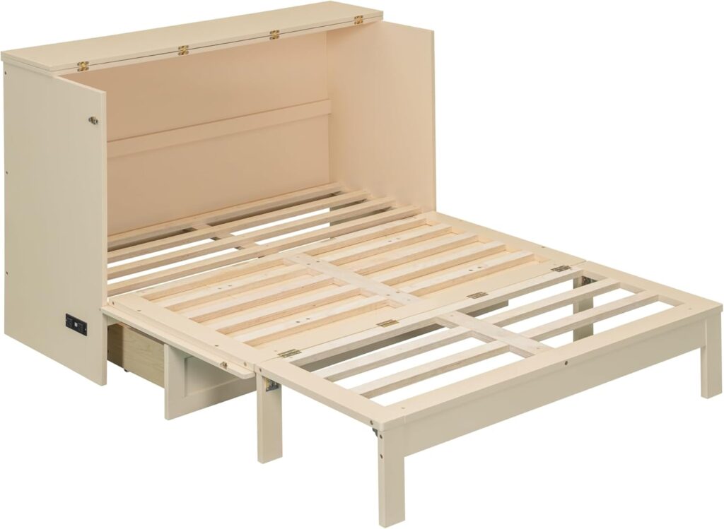 Merax Full Size Murphy Bed with Charging Station and Large Storage Drawer, Foldable Pull Out Murphy Chest Bed for Apartments, Bedrooms, Studio, No Spring Box Needed, Gold