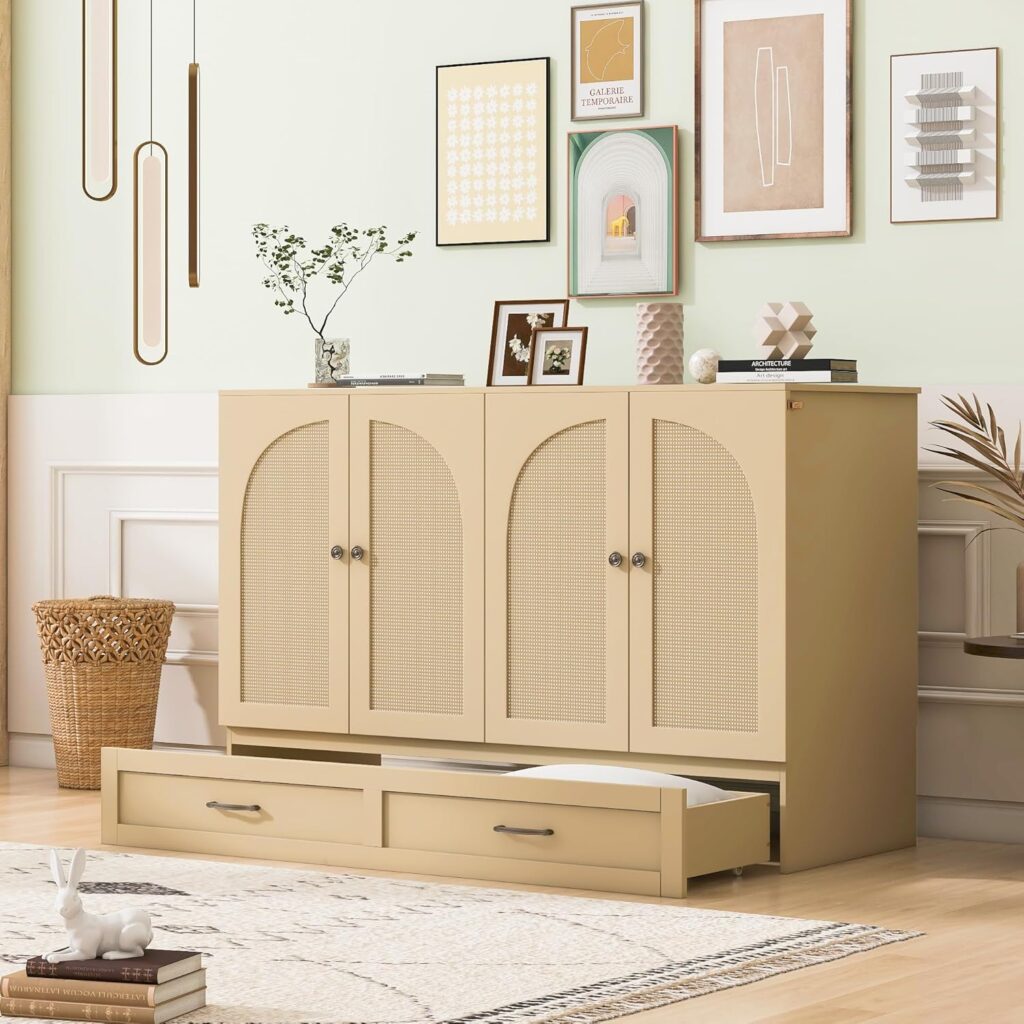 Merax Full Size Murphy Bed with Charging Station and Large Storage Drawer, Foldable Pull Out Murphy Chest Bed for Apartments, Bedrooms, Studio, No Spring Box Needed, Gold