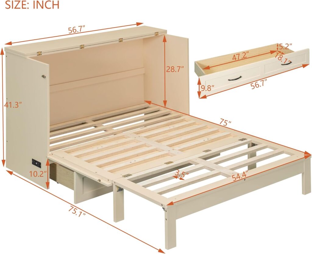 Merax Full Size Murphy Bed with Charging Station and Large Storage Drawer, Foldable Pull Out Murphy Chest Bed for Apartments, Bedrooms, Studio, No Spring Box Needed, Gold