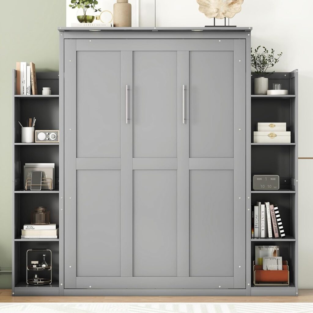 Merax Full Size Murphy Bed, Wooden Full Wall Bed with Shelves and LED Lights, Gray