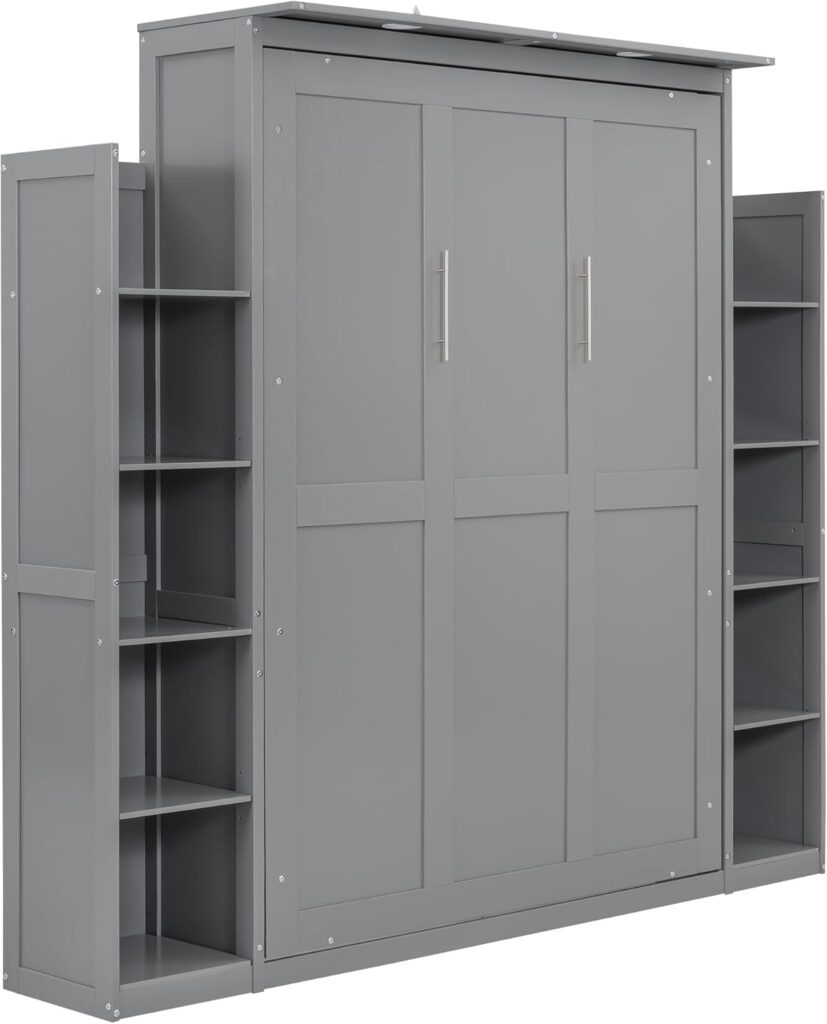 Merax Full Size Murphy Bed, Wooden Full Wall Bed with Shelves and LED Lights, Gray