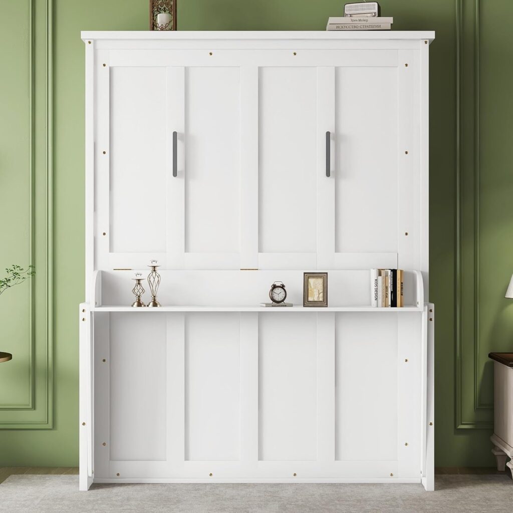 Queen Size Wood Murphy Bed, Hidden Wall Bed Frame with Desk, Solid Wood Murphy Cabinet Bed Frame with Gas Struts, No Box Spring Needed, White