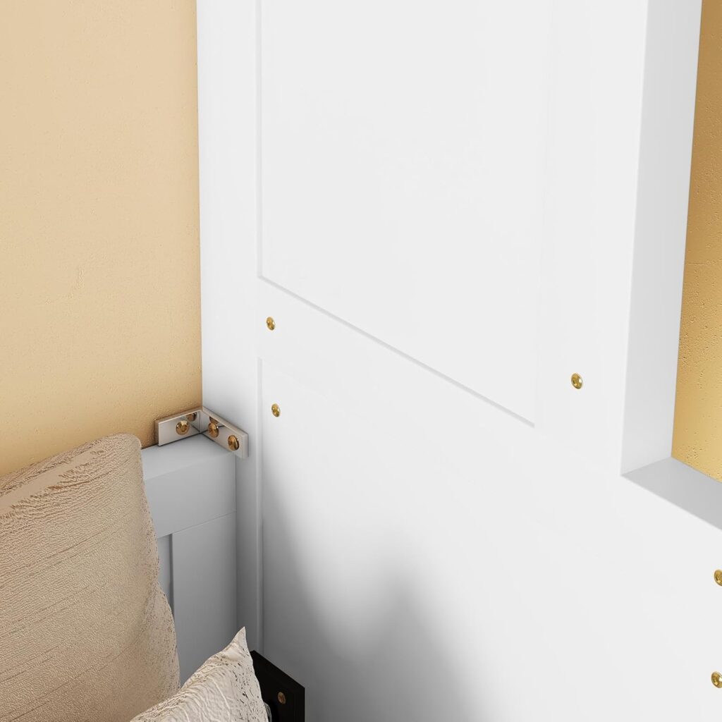 Queen Size Wood Murphy Bed, Hidden Wall Bed Frame with Desk, Solid Wood Murphy Cabinet Bed Frame with Gas Struts, No Box Spring Needed, White