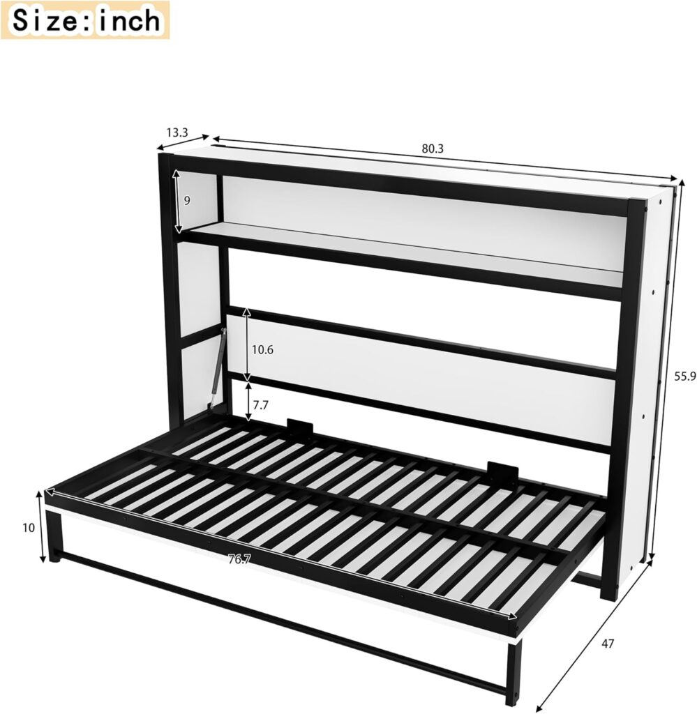 SOFTSEA Twin Size Horizontal Murphy Bed with Storage Shelves, Foldable Wall Bed Frame Heavy-Duty, Twin Murphy Bed Cabinet with Shelves for Guest Room Bedroom Office, White