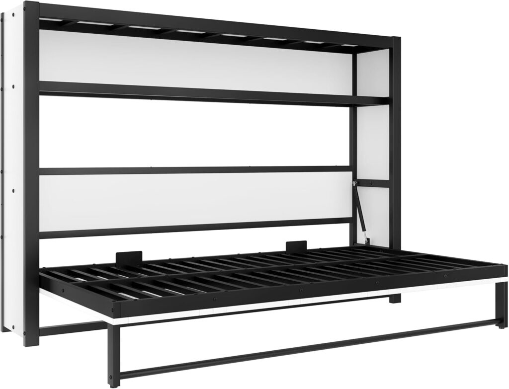 SOFTSEA Twin Size Horizontal Murphy Bed with Storage Shelves, Foldable Wall Bed Frame Heavy-Duty, Twin Murphy Bed Cabinet with Shelves for Guest Room Bedroom Office, White
