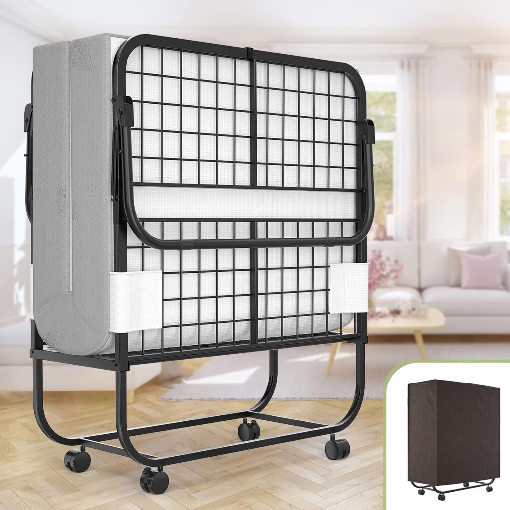 Unikito Folding Bed with Mattress for Adults, 75 x 31 Cot Size Portable Rollaway Guest Bed with Memory Foam Mattress and Metal Frame on Wheels, Space-Saving Folded Design, Storage Cover Included