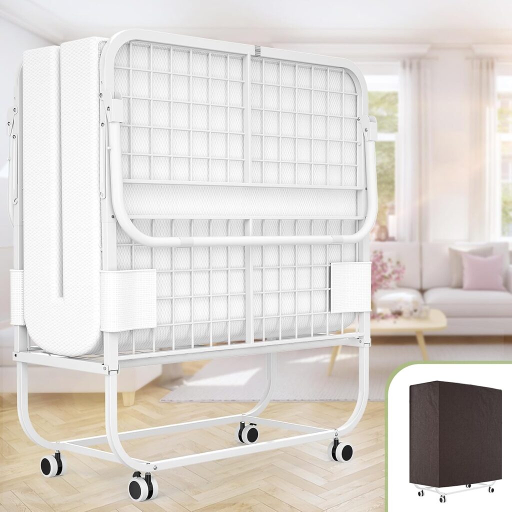 Unikito Folding Bed with Mattress for Adults, 75 x 31 Cot Size Portable Rollaway Guest Bed with Memory Foam Mattress and Metal Frame on Wheels, Space-Saving Folded Design, Storage Cover Included